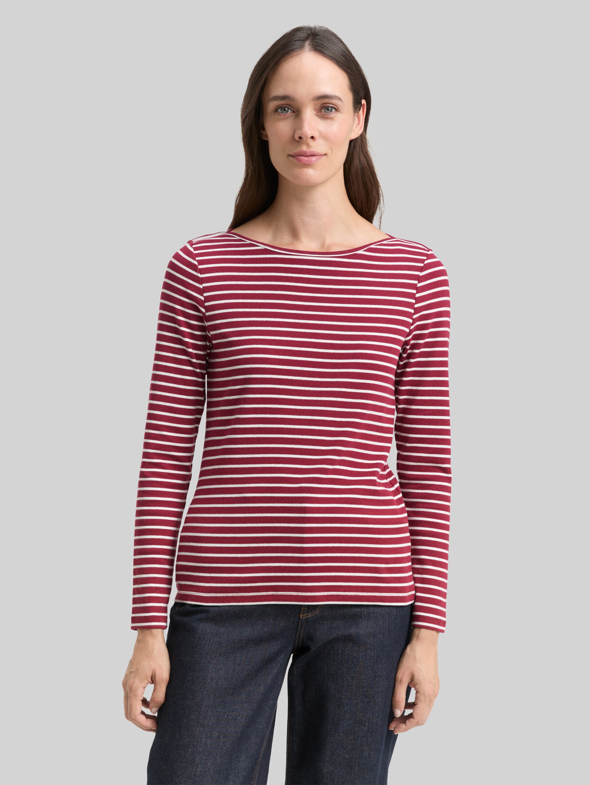T-shirt met lange mouwen en streepmotief - red offwhite stripe - Nek model vooraanzicht