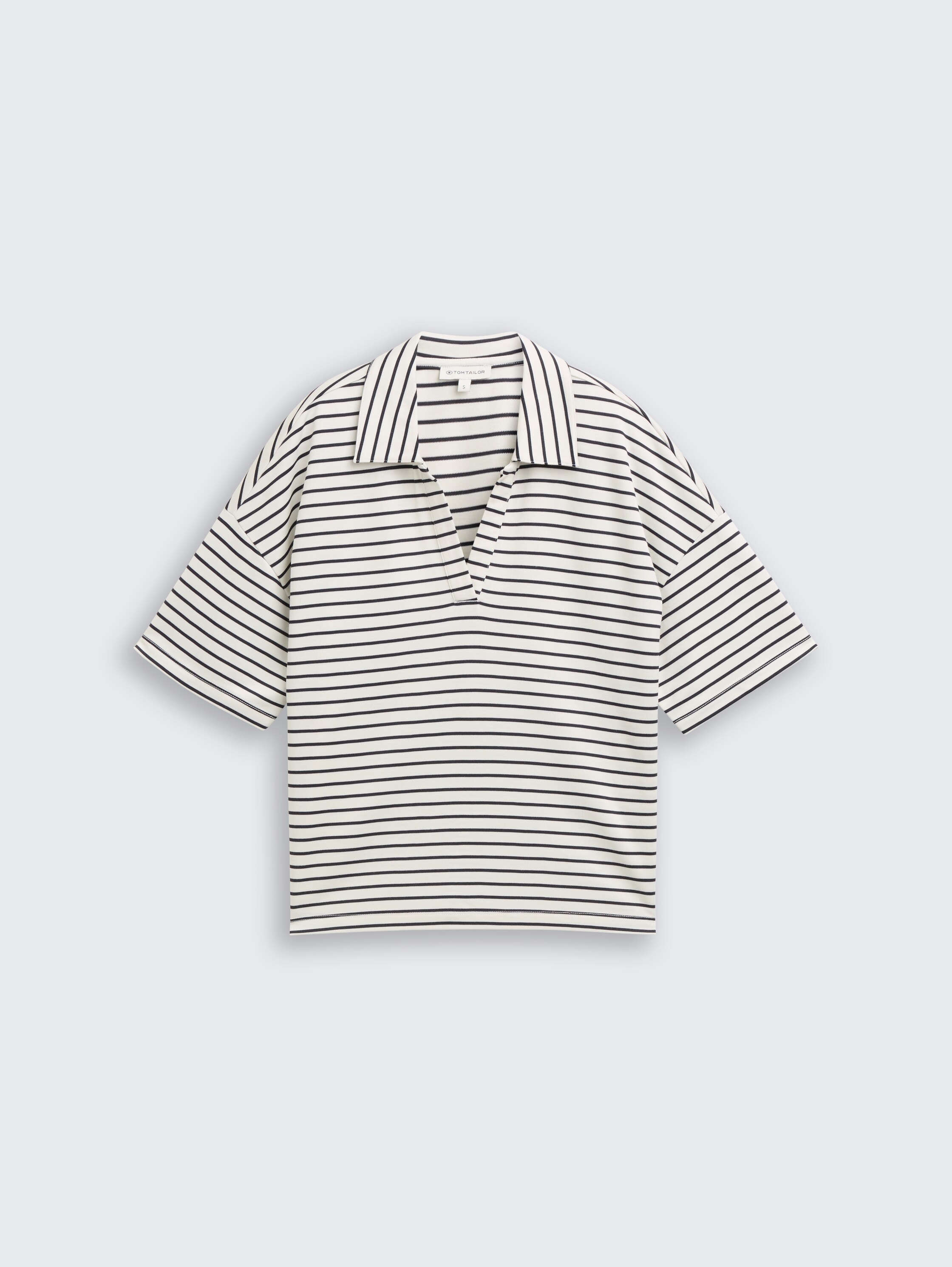 Boxy Fit T-Shirt mit Polokragen - offwhite_navy_tee_stripe - 