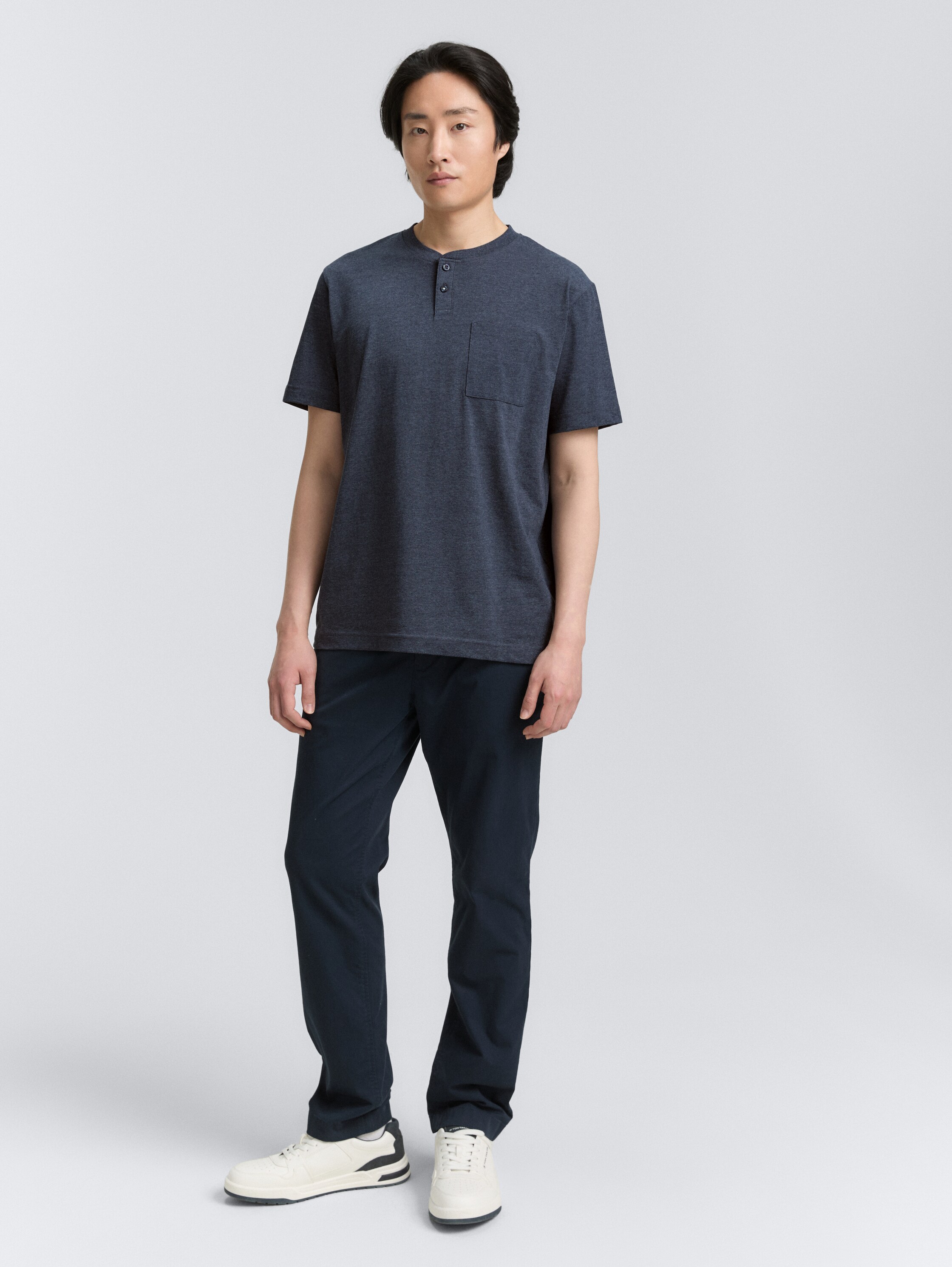 Henley T-shirt with breast pocket - sky_captain_blue_white_melange - 