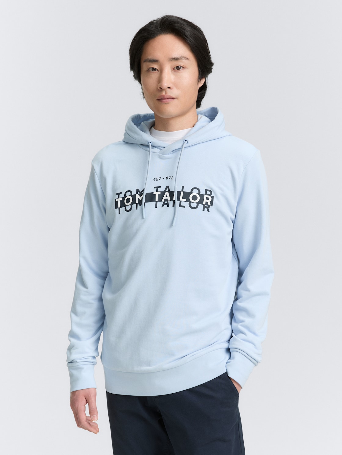 Hoodie Sweatshirt with logo print - Light Metal Blue - Neckline model front view