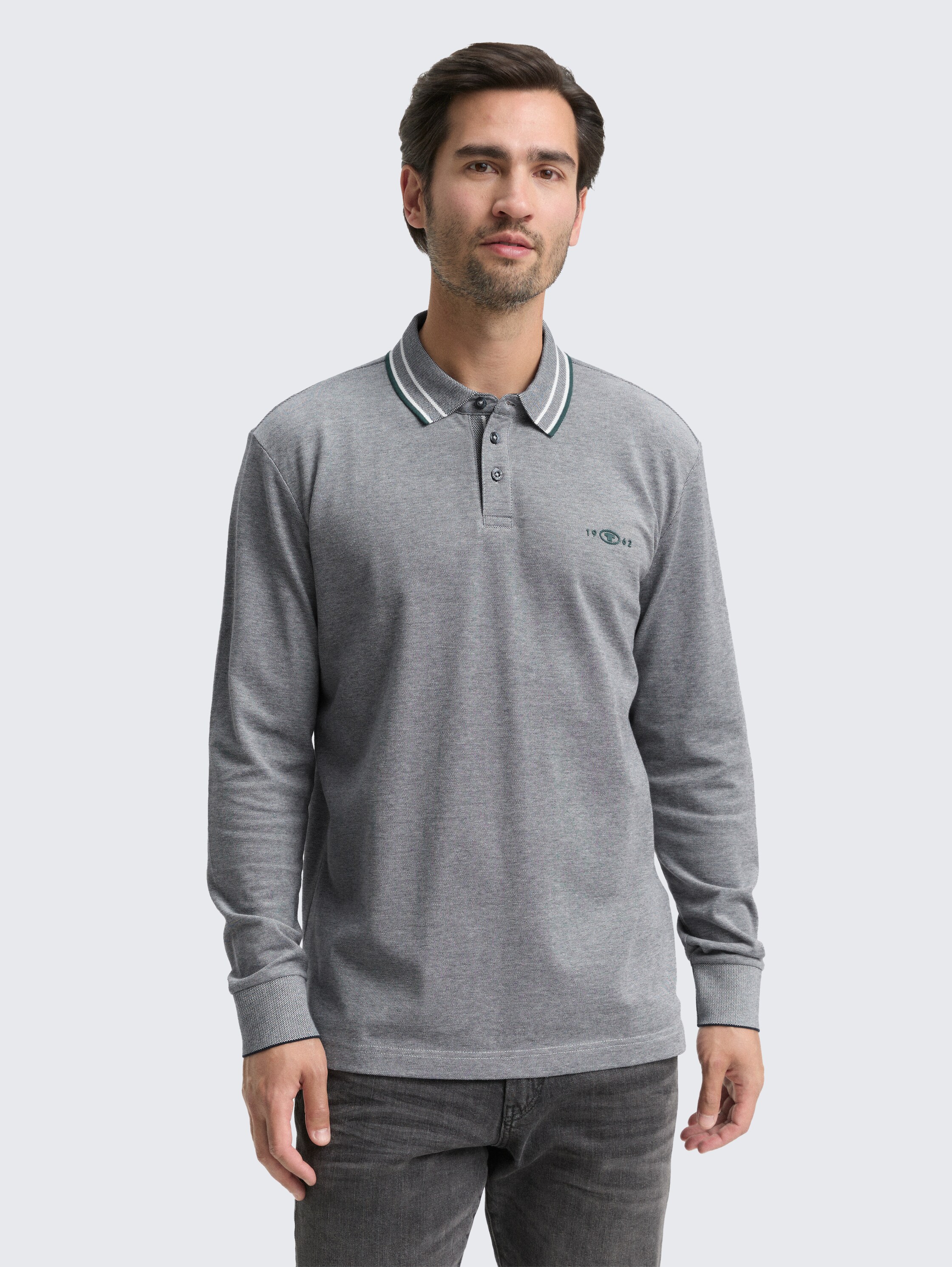 Long-sleeved piqué polo shirt with logo print - navy_white_two_tone_pique - 