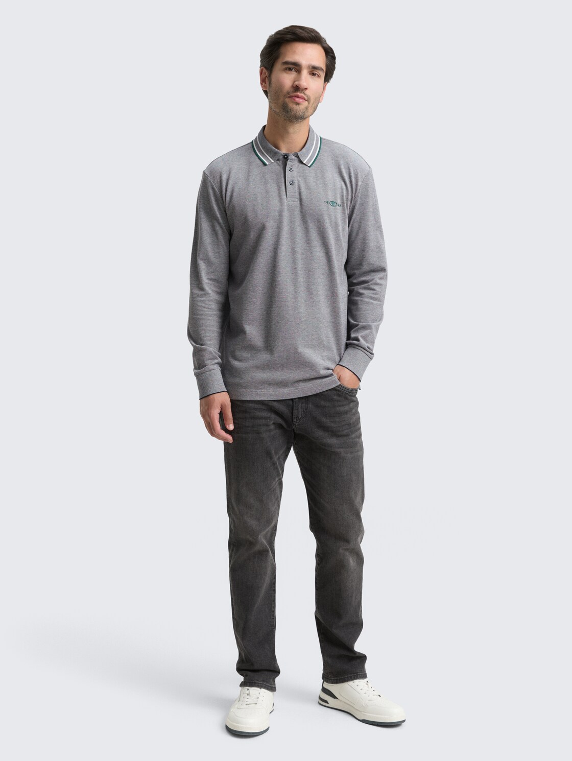 Langarm Piqué Poloshirt mit Logo-Print - navy white two tone pique