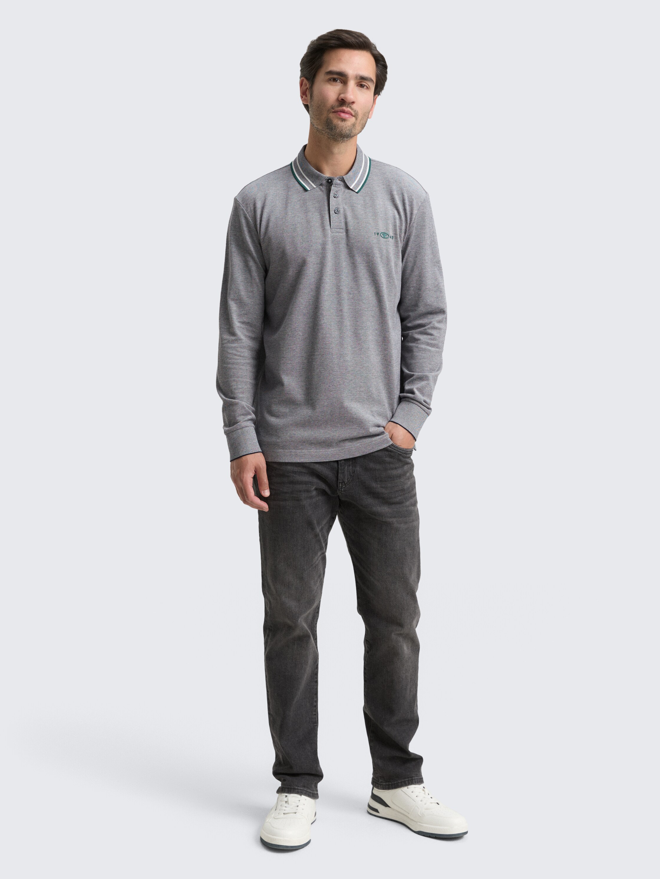 Long-sleeved piqué polo shirt with logo print - navy_white_two_tone_pique - 