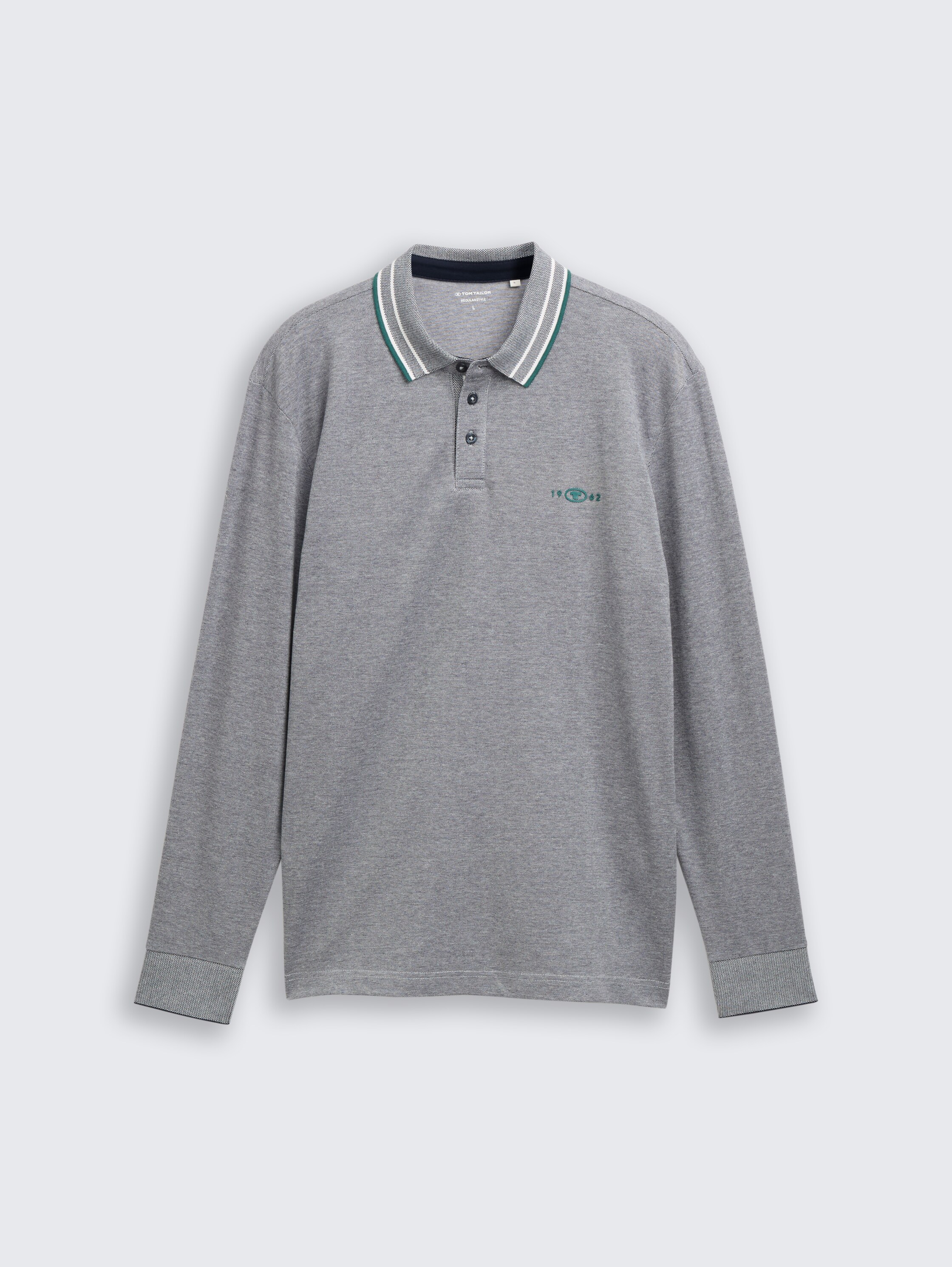 Long-sleeved piqué polo shirt with logo print - navy_white_two_tone_pique - 