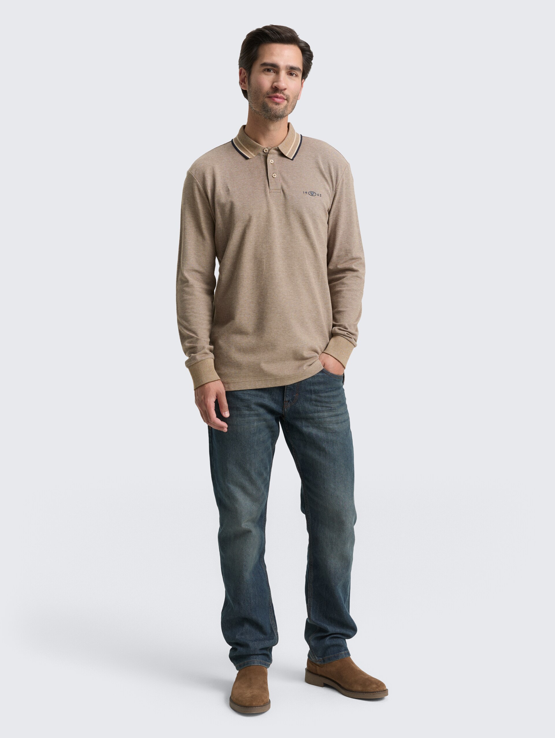 Polo piqué à manches longues avec logo imprimé - brown cashew beige two tone