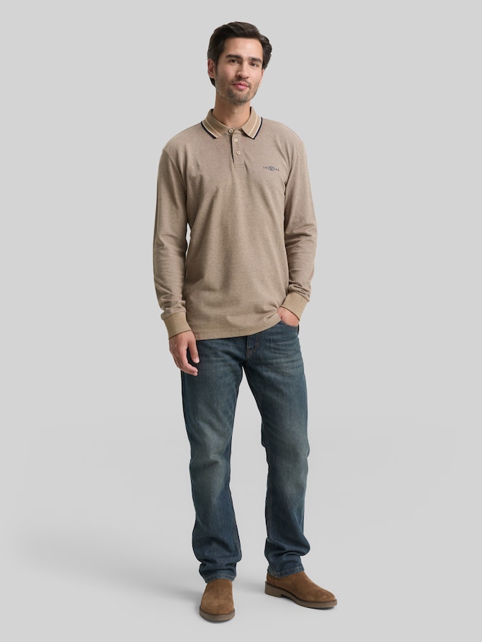 Langarm Piqué Poloshirt mit Logo-Print von Men, brown cashew beige two tone