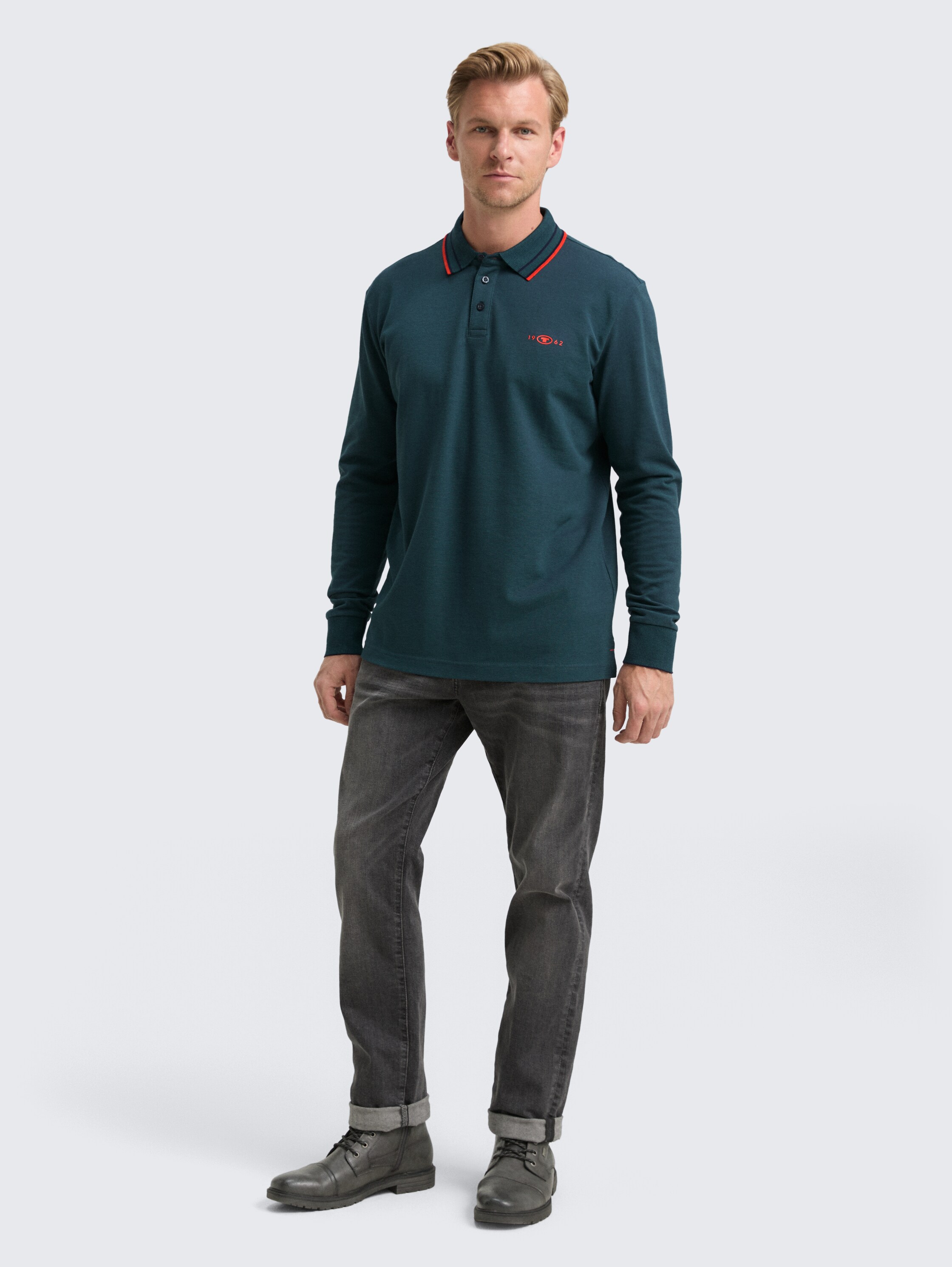 Langarm Piqué Poloshirt mit Logo-Print - navy jasper green two tone