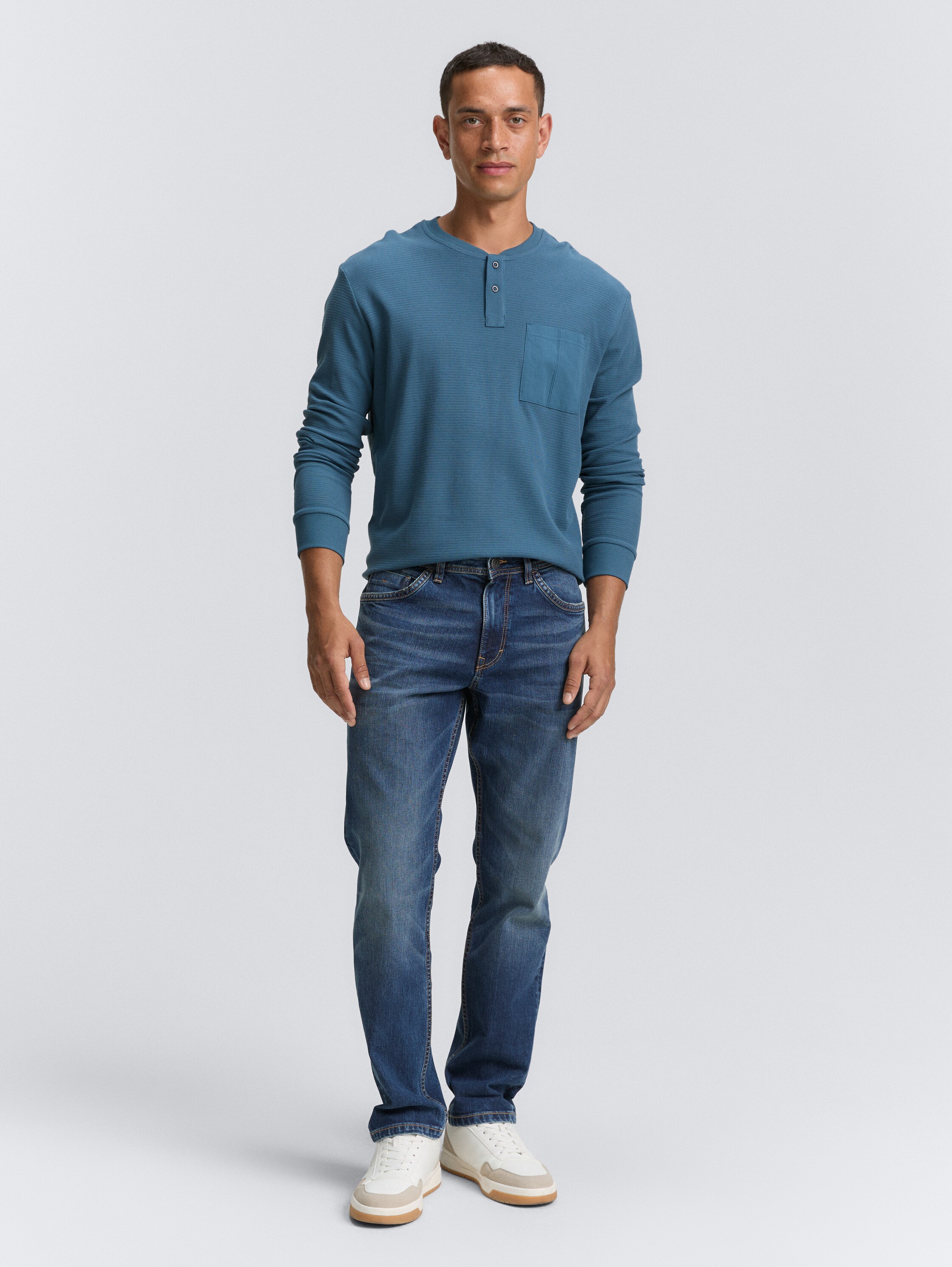 Ripp Henley Langarmshirt mit Brusttasche - real_teal_blue - 