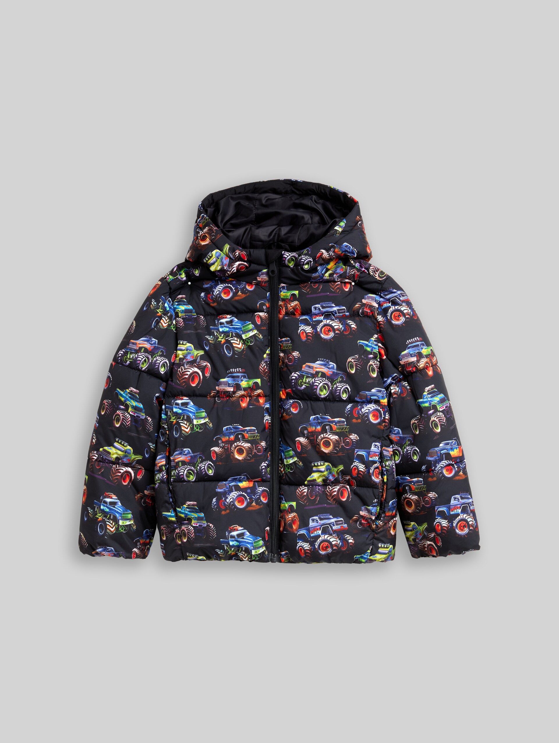 Puffer jacket with all-over print - dark multicolor car design - Front product view