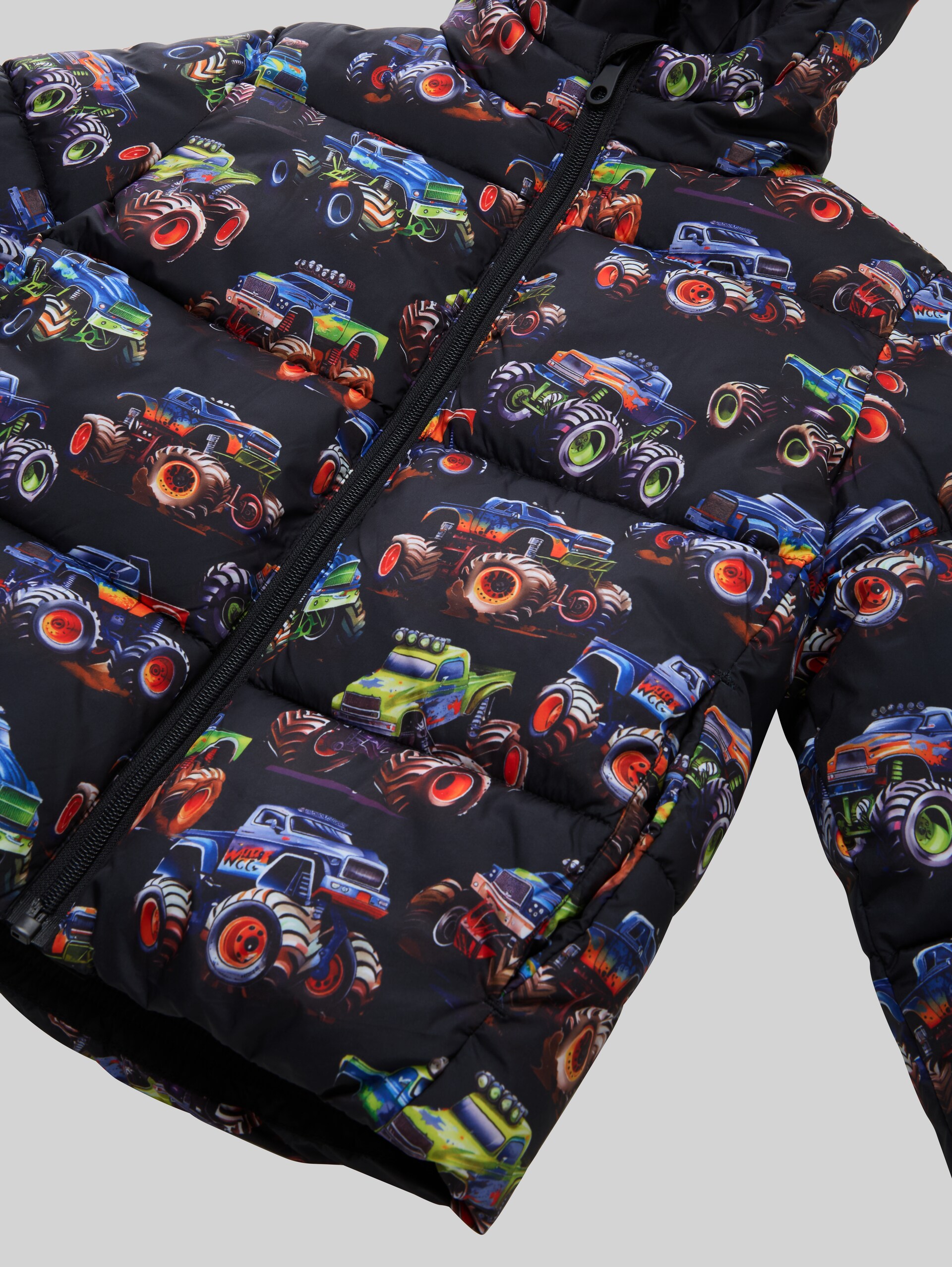 Puffer jacket with all-over print - dark multicolor car design - Detail model view