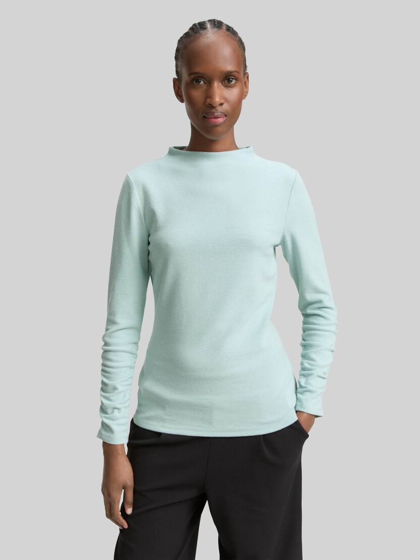 Long-sleeved shirt with gathered sleeves by Denim Female, Silver Cloud Blue Melange