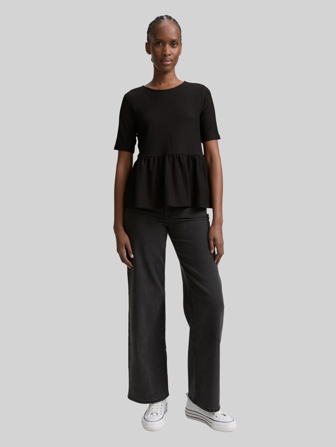 Jacquard T-shirt met peplum door Denim Female, deep black
