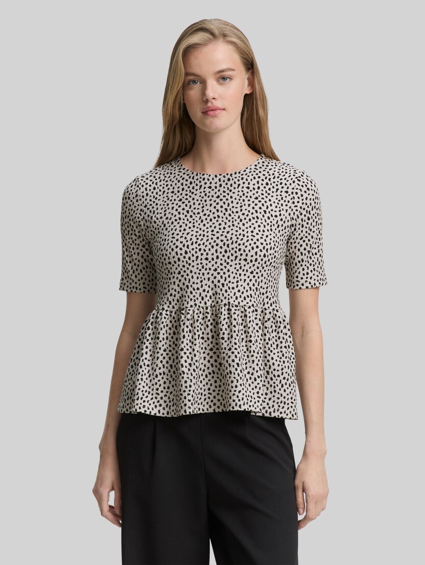 Jacquard T-shirt met peplum door Denim Female, beige black dotted print