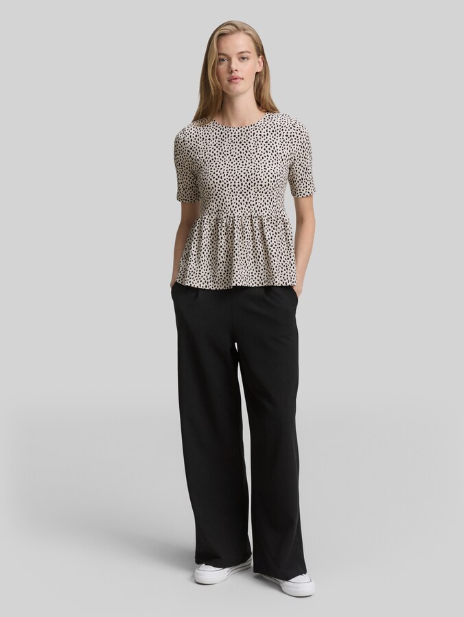 Jacquard T-shirt met peplum door Denim Female, beige black dotted print