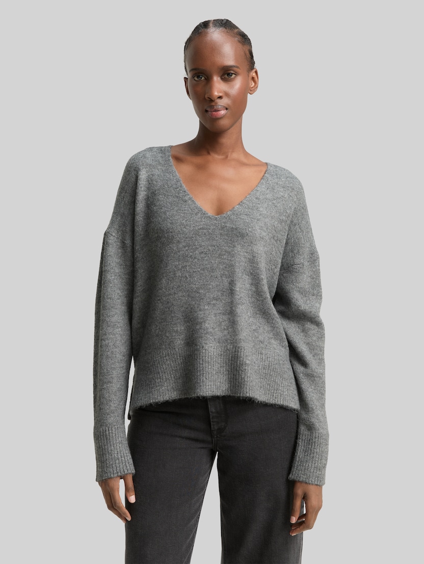 Relaxed fit gebreide trui met V-hals door Denim Female, Stormy Gray Melange