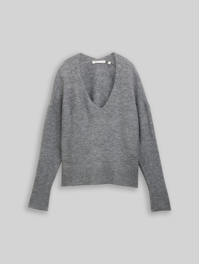 Relaxed fit gebreide trui met V-hals door Denim Female, Stormy Gray Melange