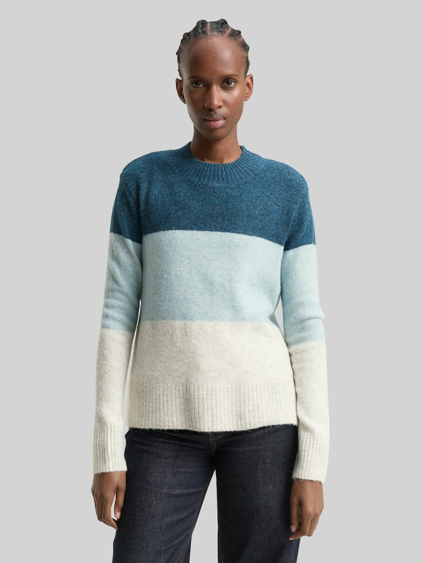 Knitted jumper with colour blocking by Denim Female, petrol mint beige colorblock