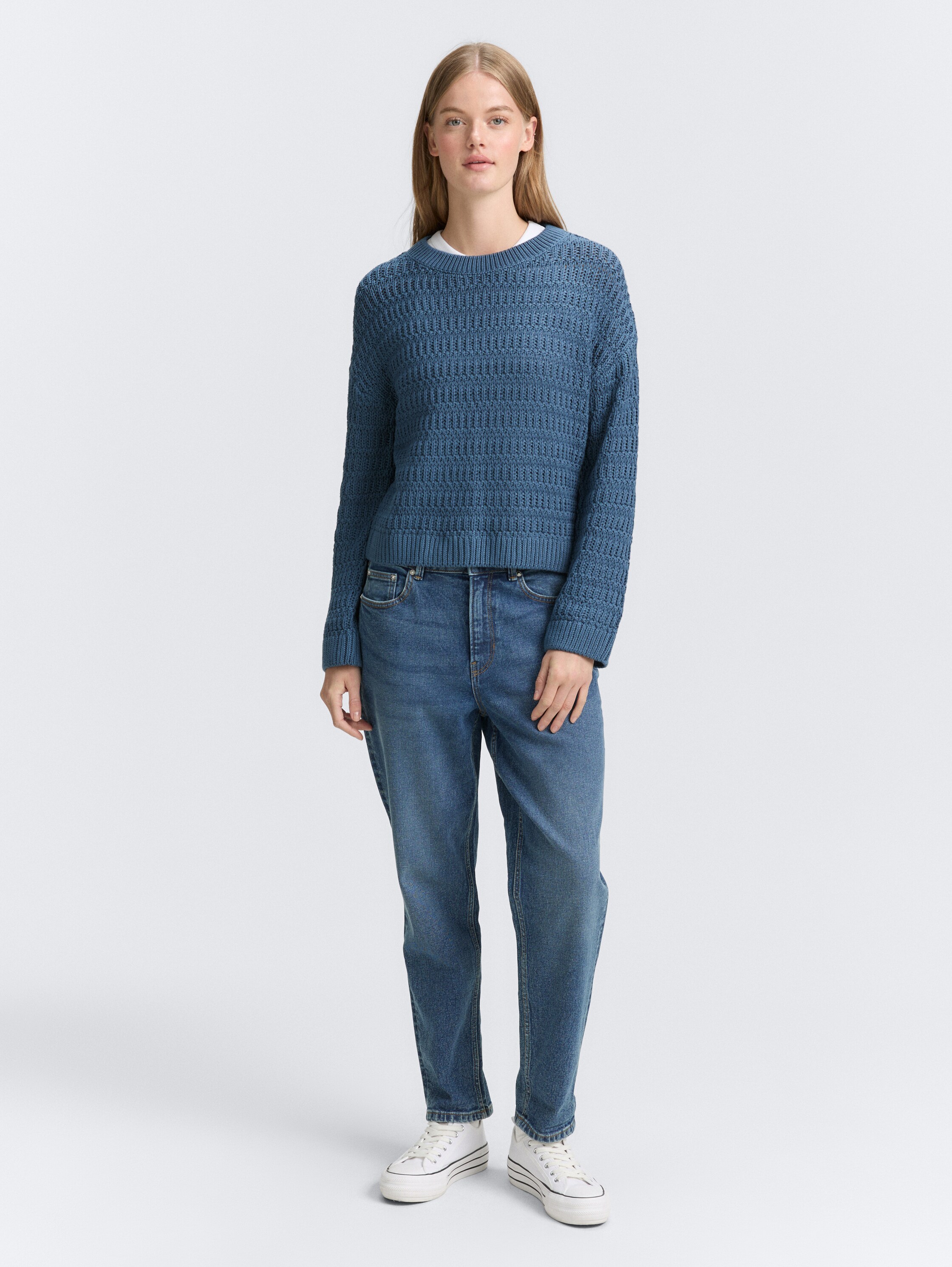 Relaxed Fit Strickpullover - dusty denim blue - Model-Vorderansicht