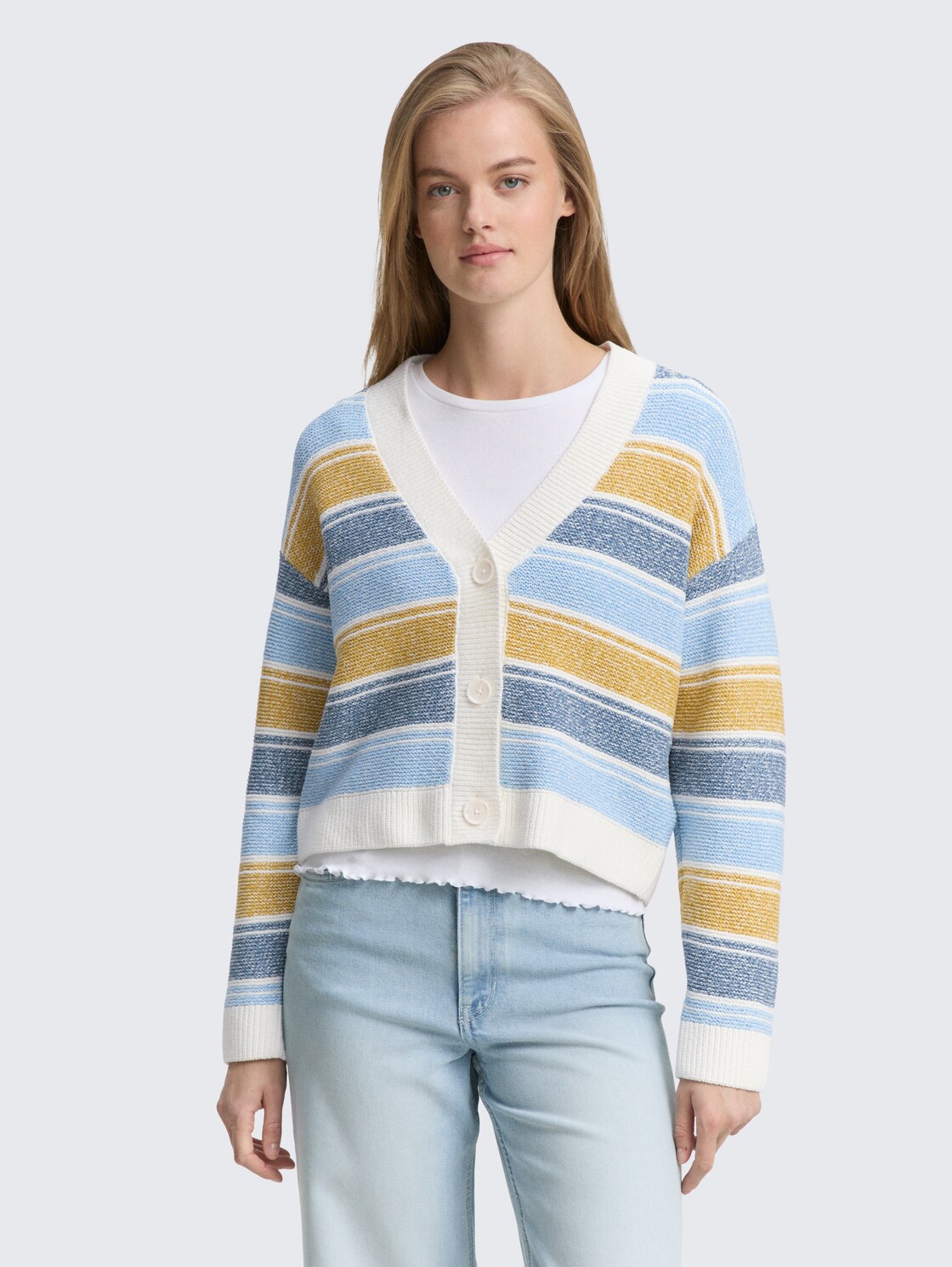 Relaxed Fit Cardigan mit Streifenmuster - blue yellow stripe - Ausschnitt Model-Vorderansicht