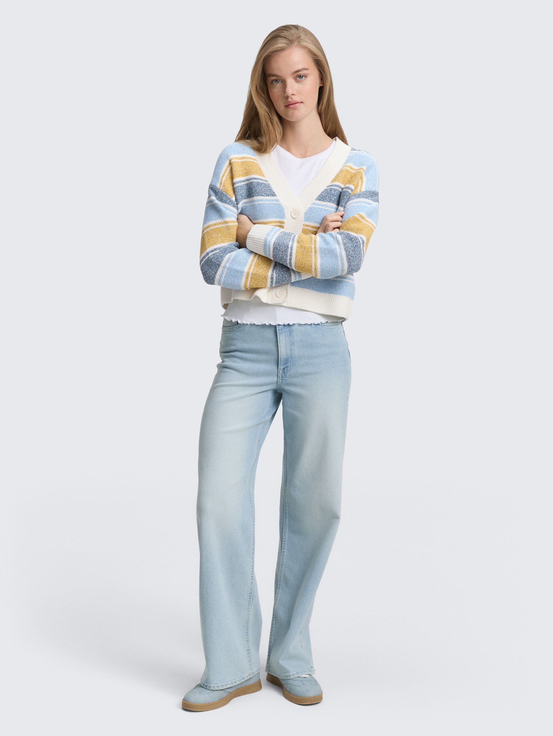 Relaxed Fit Cardigan mit Streifenmuster - blue yellow stripe - Model-Vorderansicht