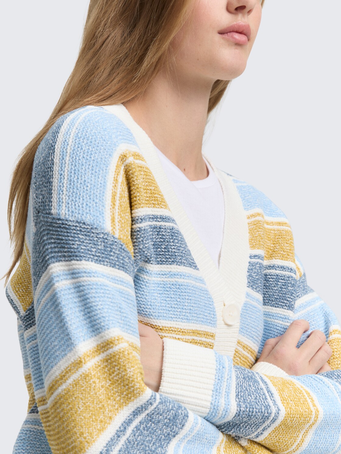 Relaxed Fit Cardigan mit Streifenmuster - blue yellow stripe - Detail-Model-Ansicht