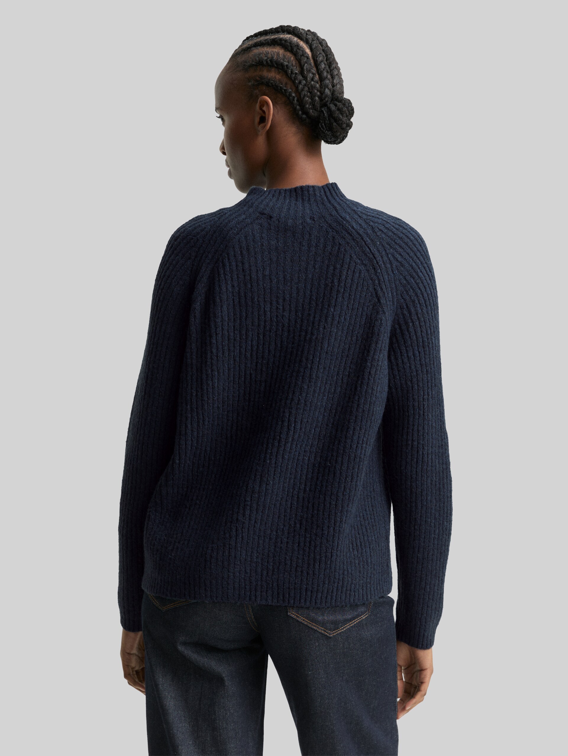 Relaxed fit knitted jumper with stand-up collar - Dark Blue Melange