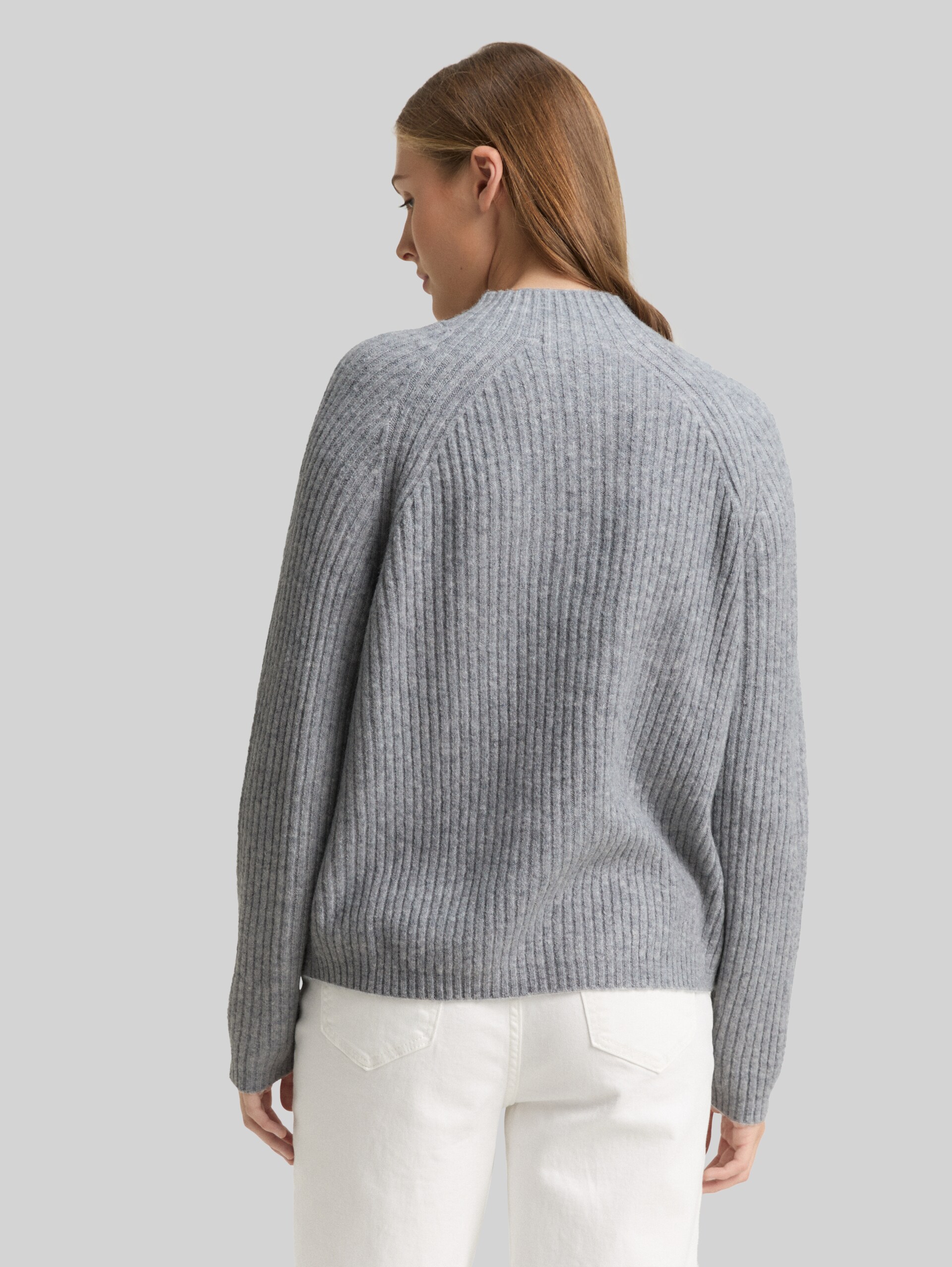 Relaxed fit knitted jumper with stand-up collar - Cement Grey Mélange