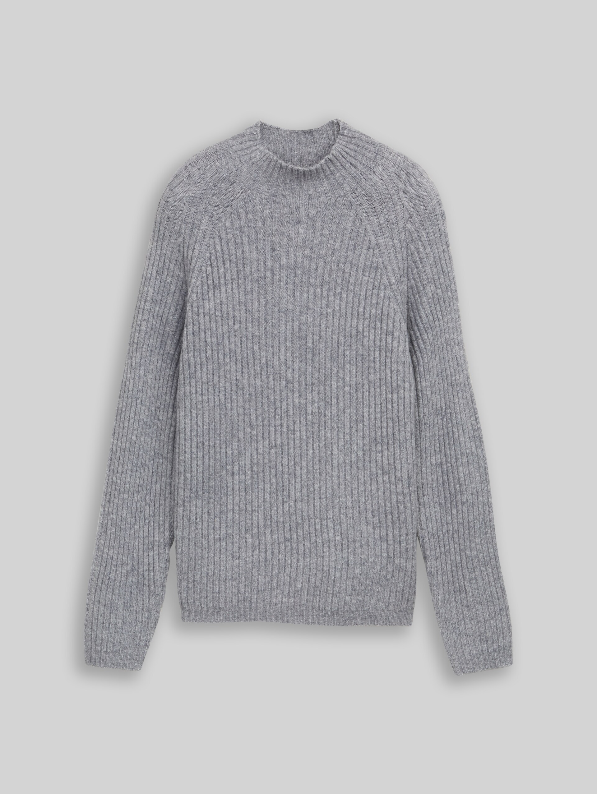 Relaxed fit knitted jumper with stand-up collar - Cement Grey Mélange