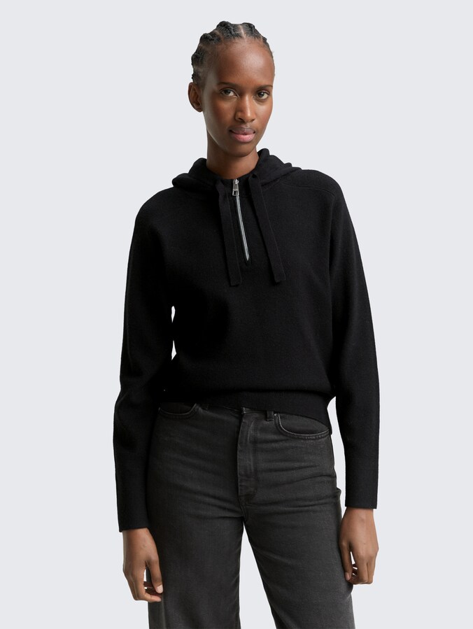 Hoodie gebreide trui met rits door Denim Female, deep black