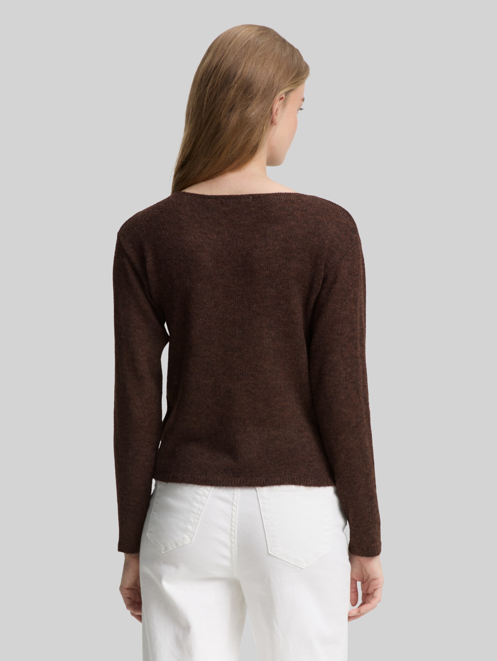Knitted jumper with boat neckline - soft chocolate brown melange