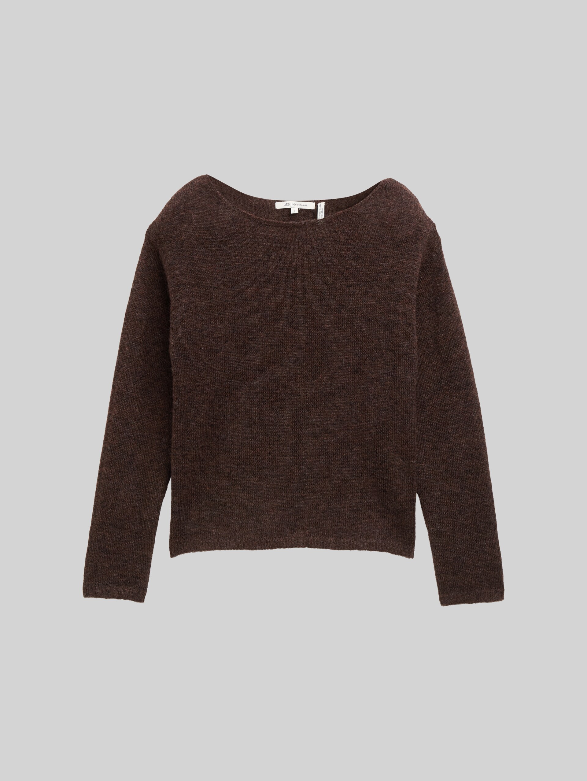 Knitted jumper with boat neckline - soft chocolate brown melange
