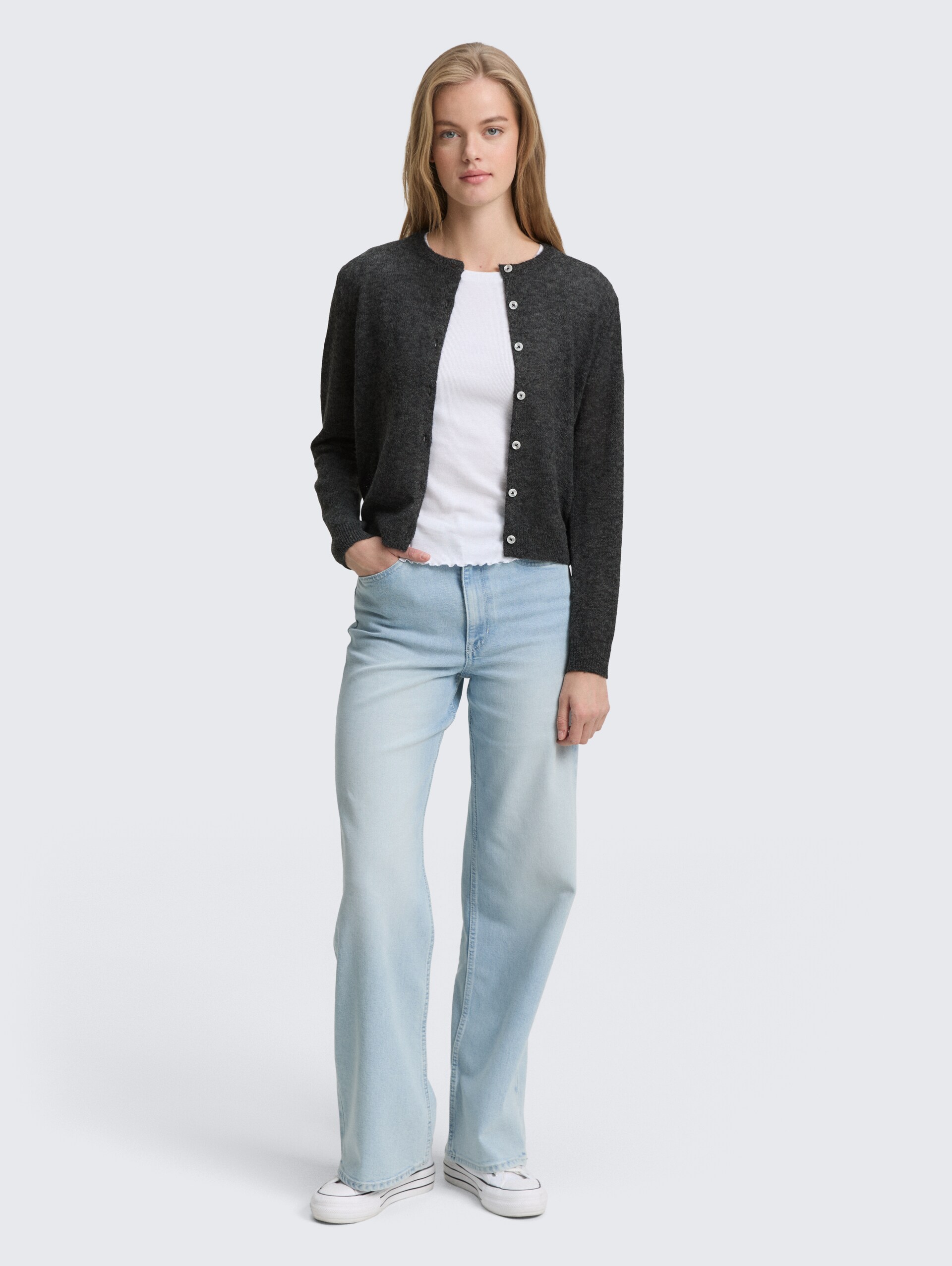 Cardigan à col rond - Shale Grey Melange - Vue de face du modèle