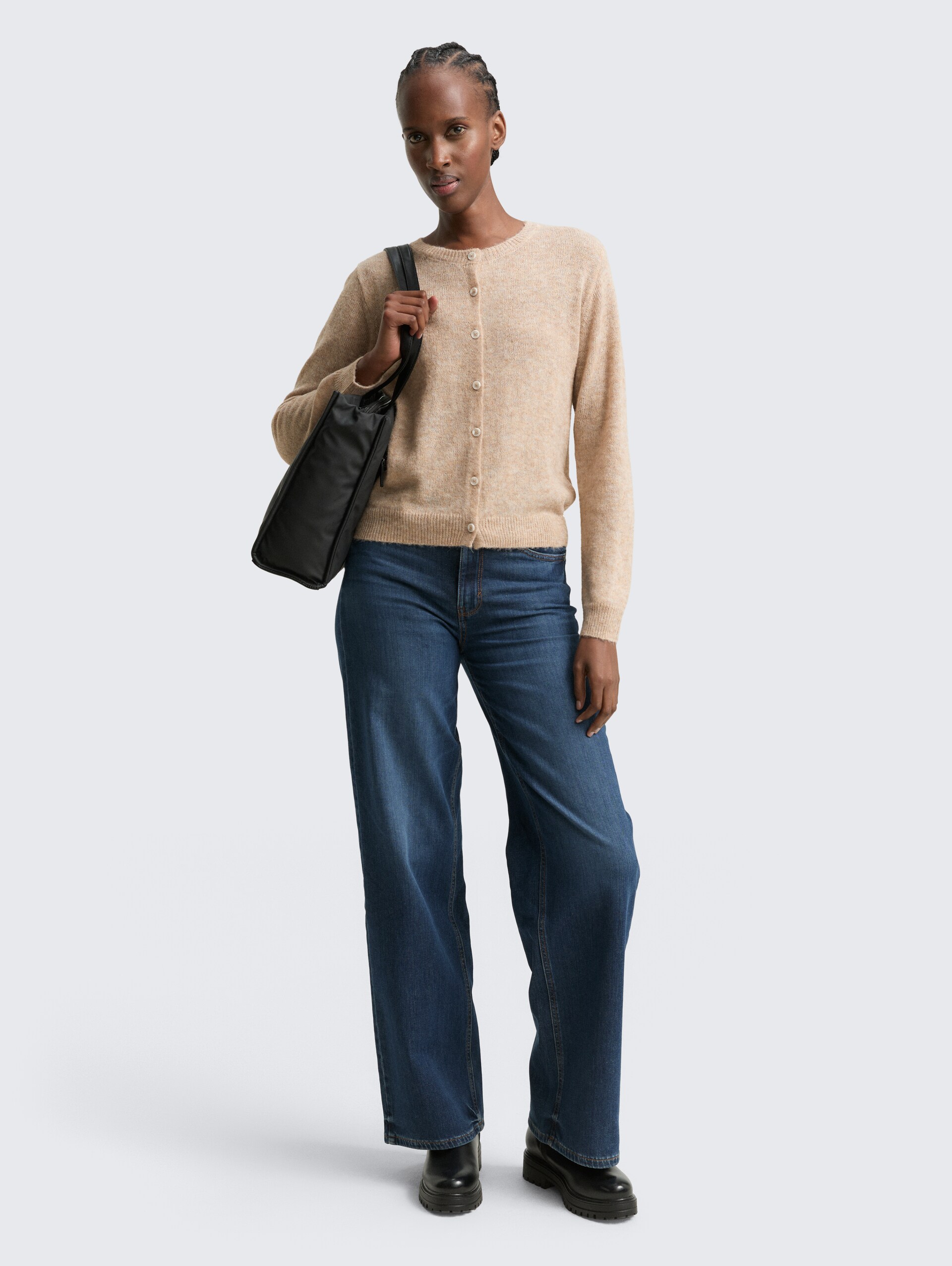 Cardigan à col rond - intense beige melange - Vue de face du modèle