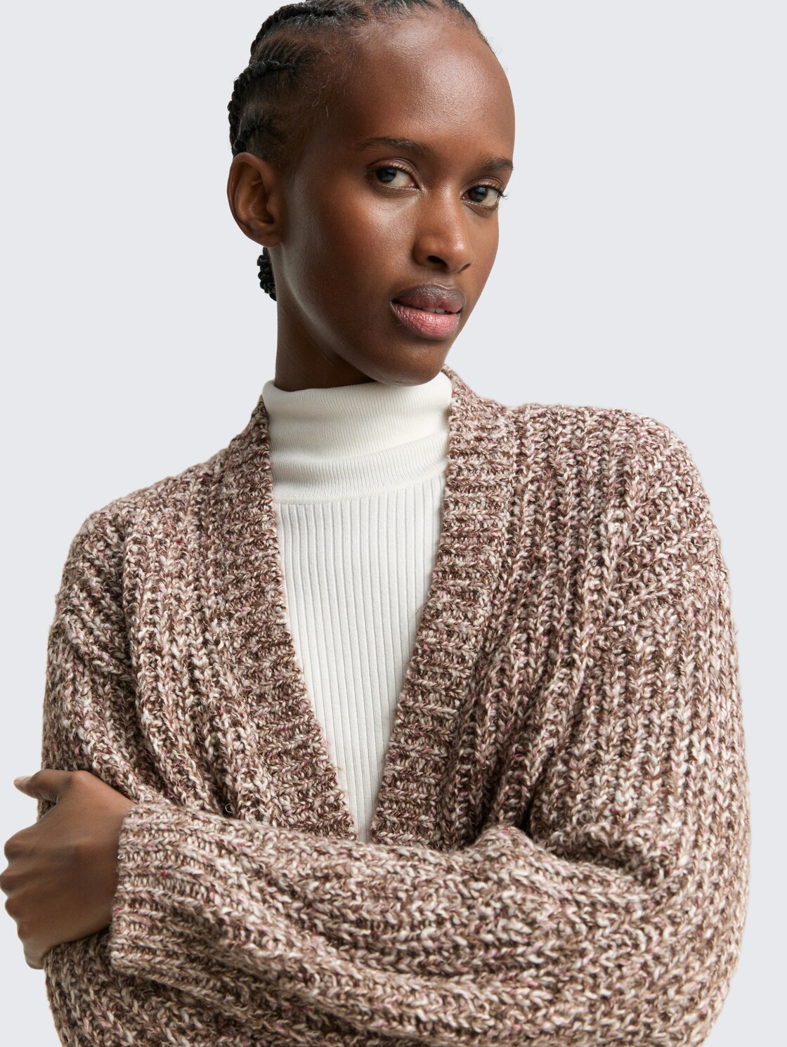 Relaxed Fit Cardigan in Melange-Optik - brown neps - Detail-Model-Ansicht