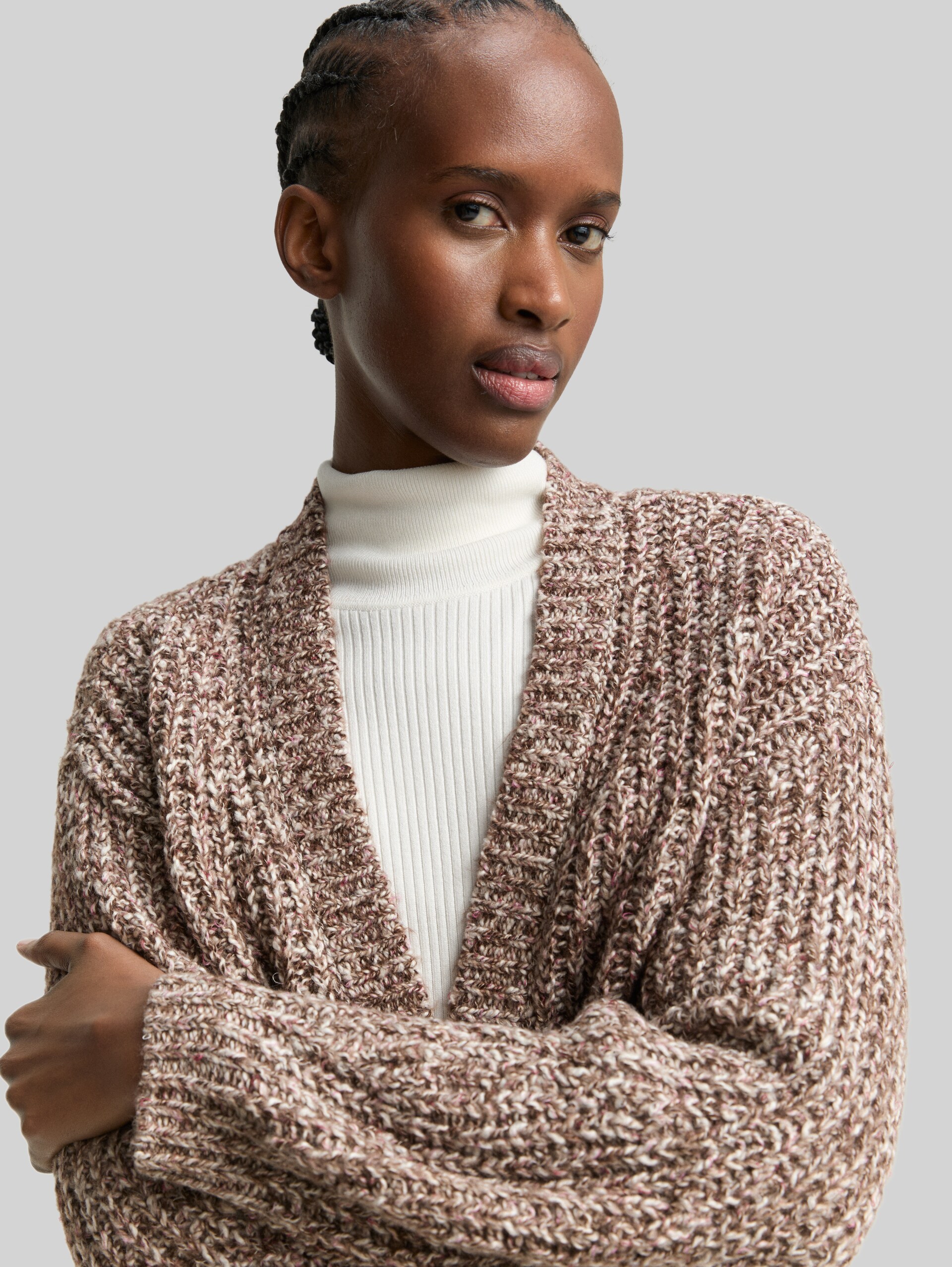 Relaxed Fit Cardigan in Melange-Optik - brown neps - Detail-Model-Ansicht