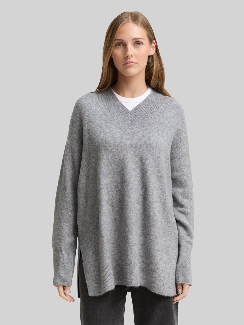 Gebreide trui in lange stijl met V-hals door Denim Female, Cement Grey Mélange