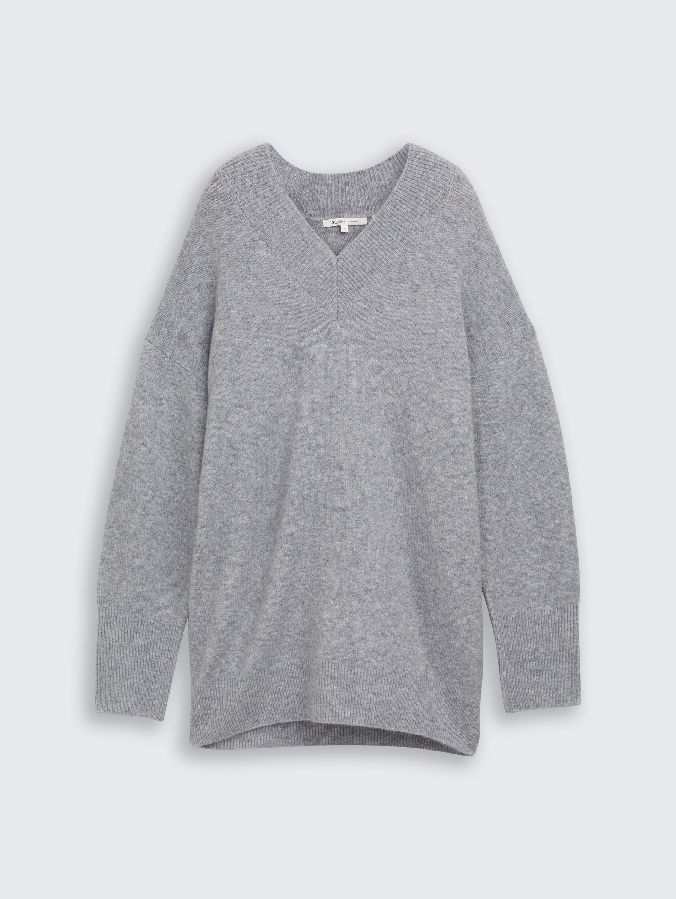 Longstyle Strickpullover mit V-Ausschnitt - Cement Grey Mélange