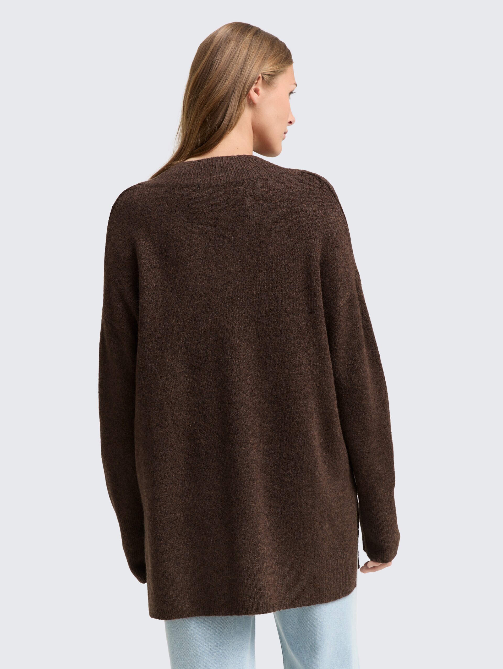 Longstyle Strickpullover mit V-Ausschnitt - soft chocolate brown melange