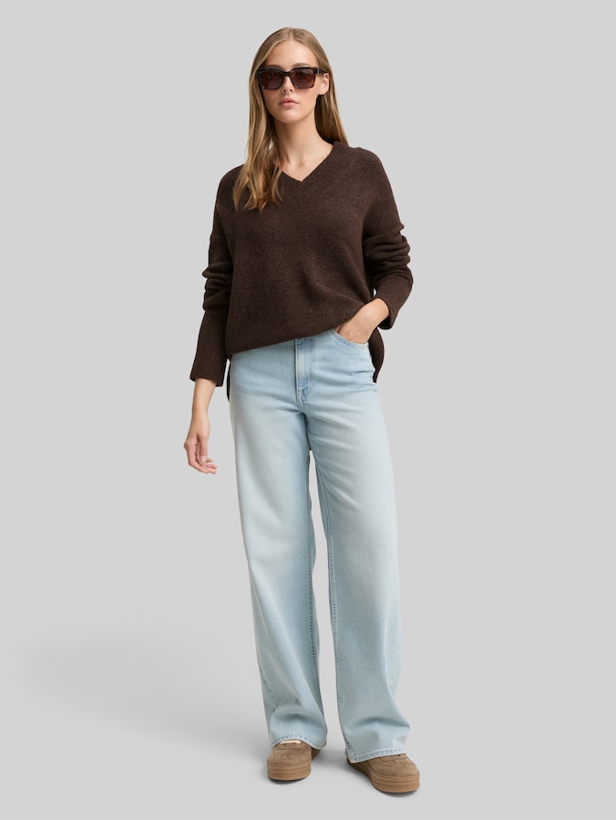 Longstyle Strickpullover mit V-Ausschnitt von Denim Female, soft chocolate brown melange