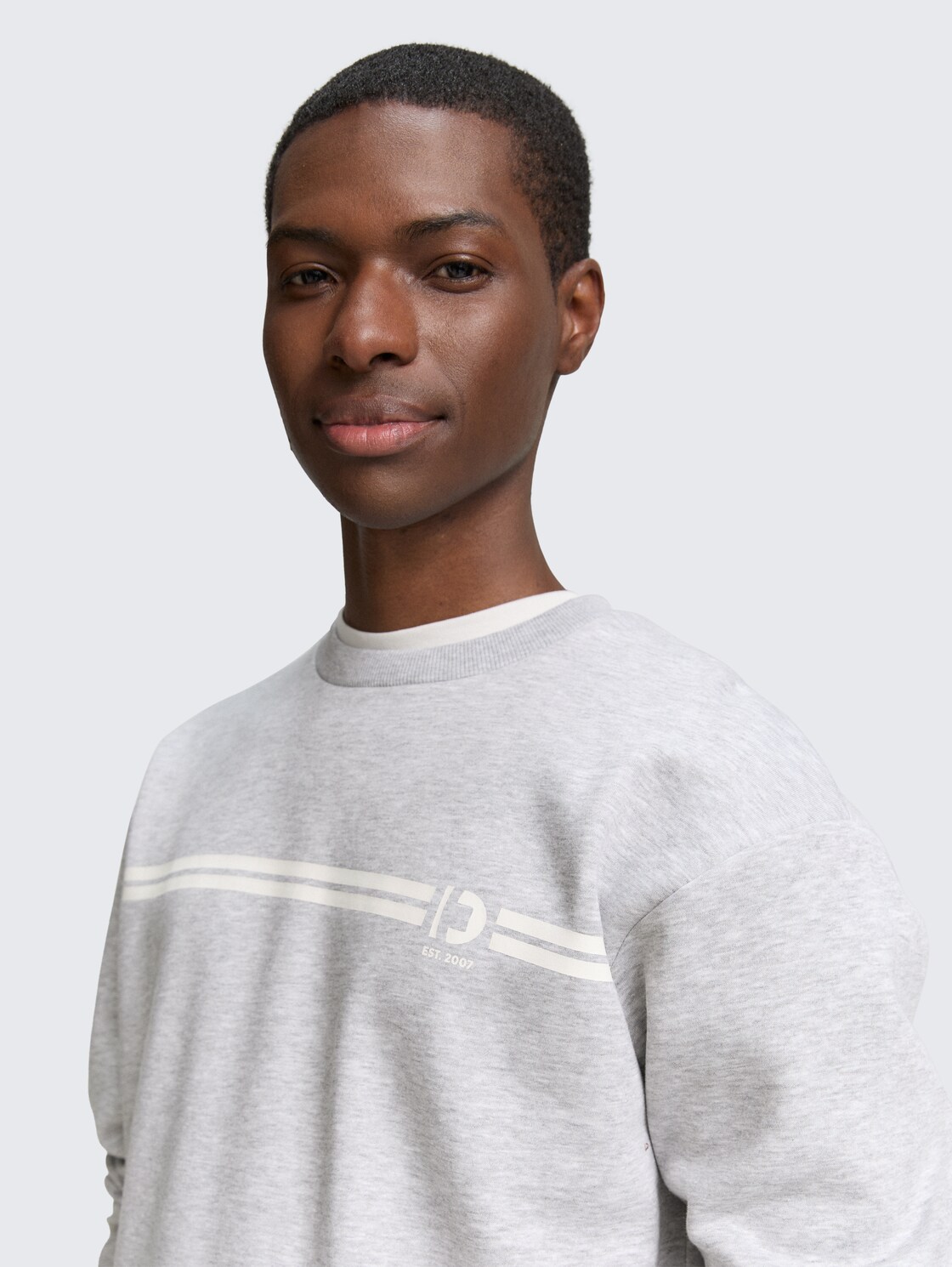 Crewneck Sweatshirt mit Print - Light Stone Grey Melange - Detail-Model-Ansicht