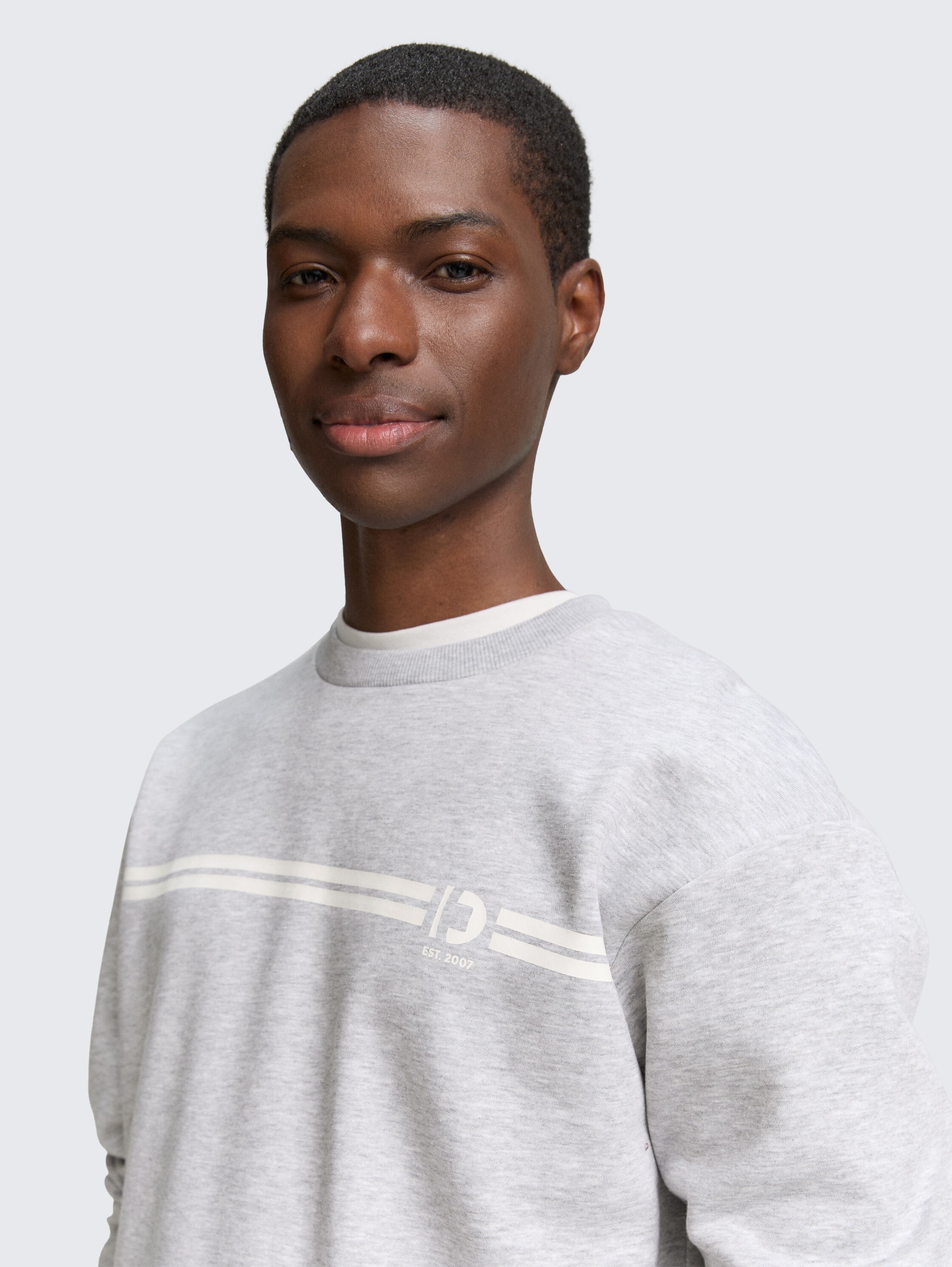 Crewneck Sweatshirt mit Print - Light Stone Grey Melange - Detail-Model-Ansicht