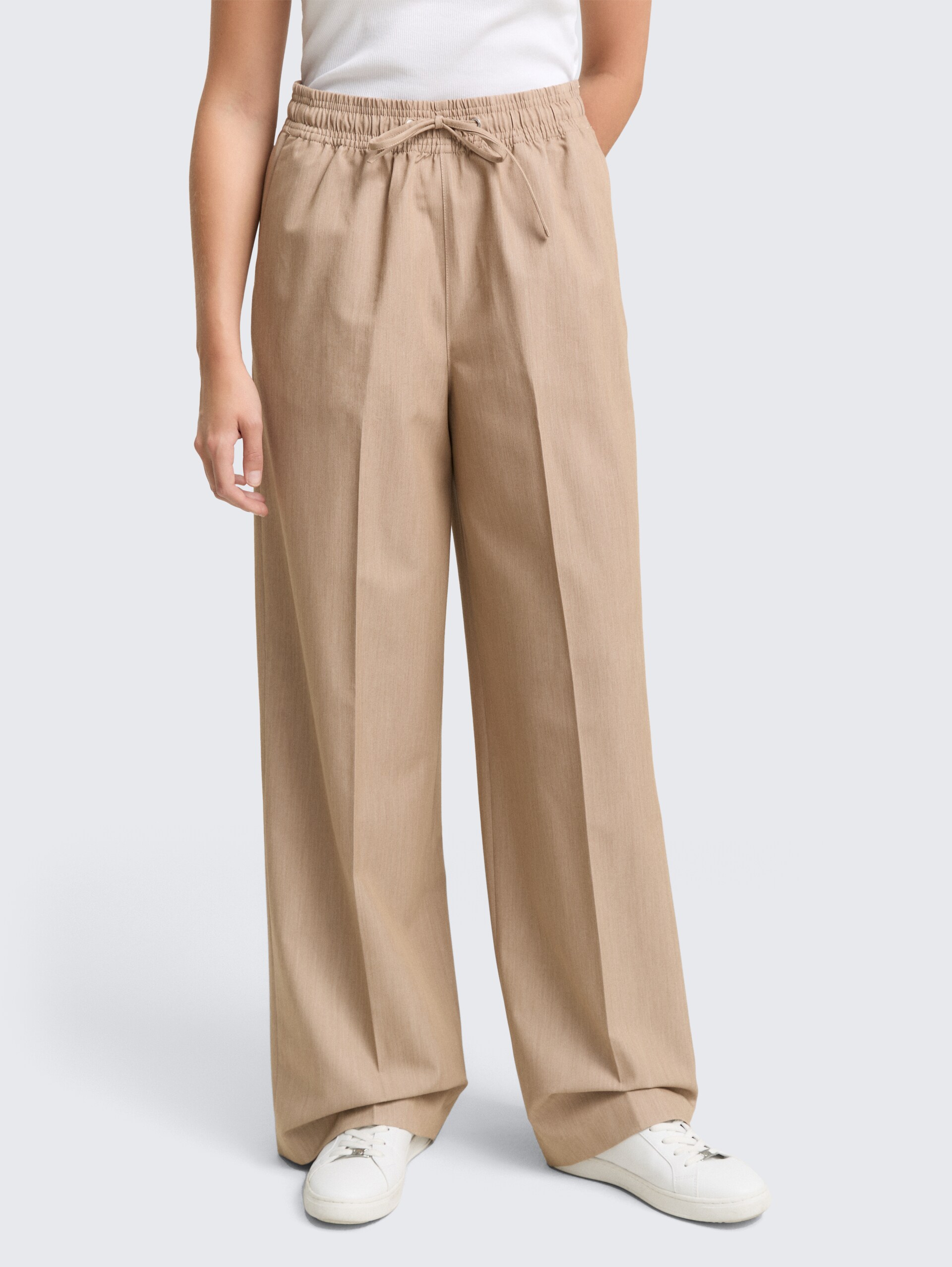 Wide Leg Hose mit Kordelzug - intense beige melange - Ausschnitt Model-Vorderansicht