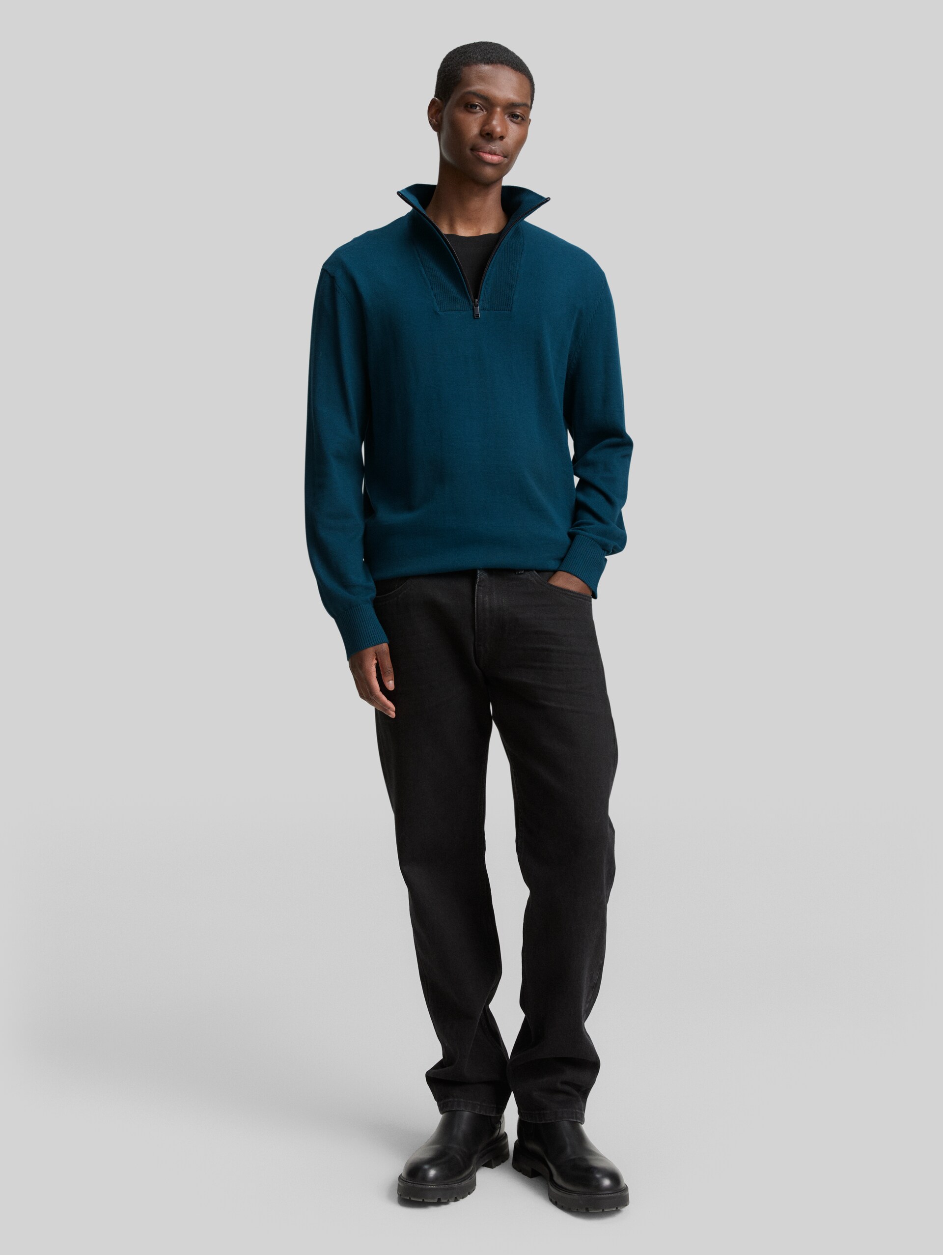 Cotton troyer knit jumper - deep pond green - Model front view
