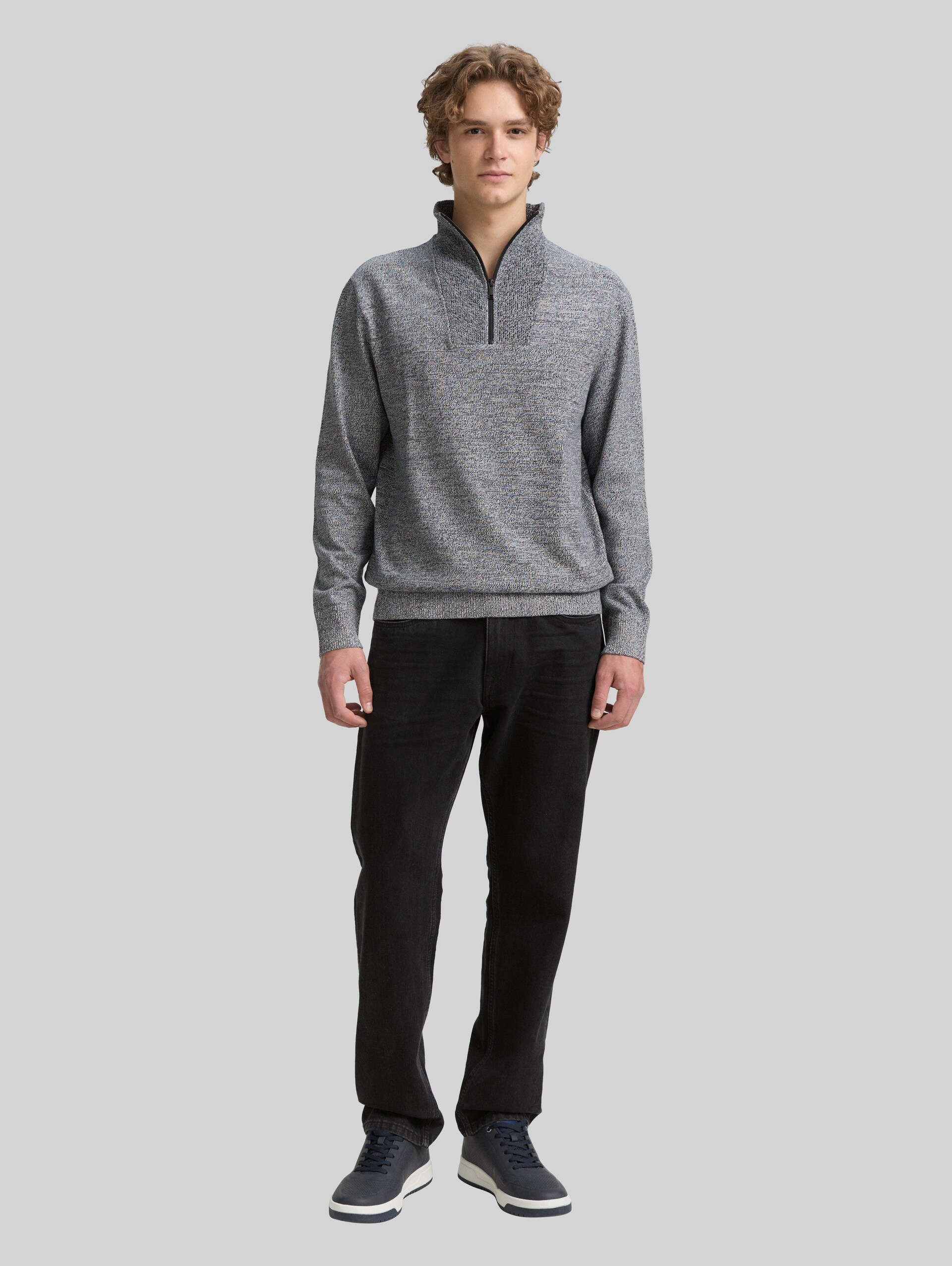 Cotton troyer knit jumper - navy white mouline - Model front view