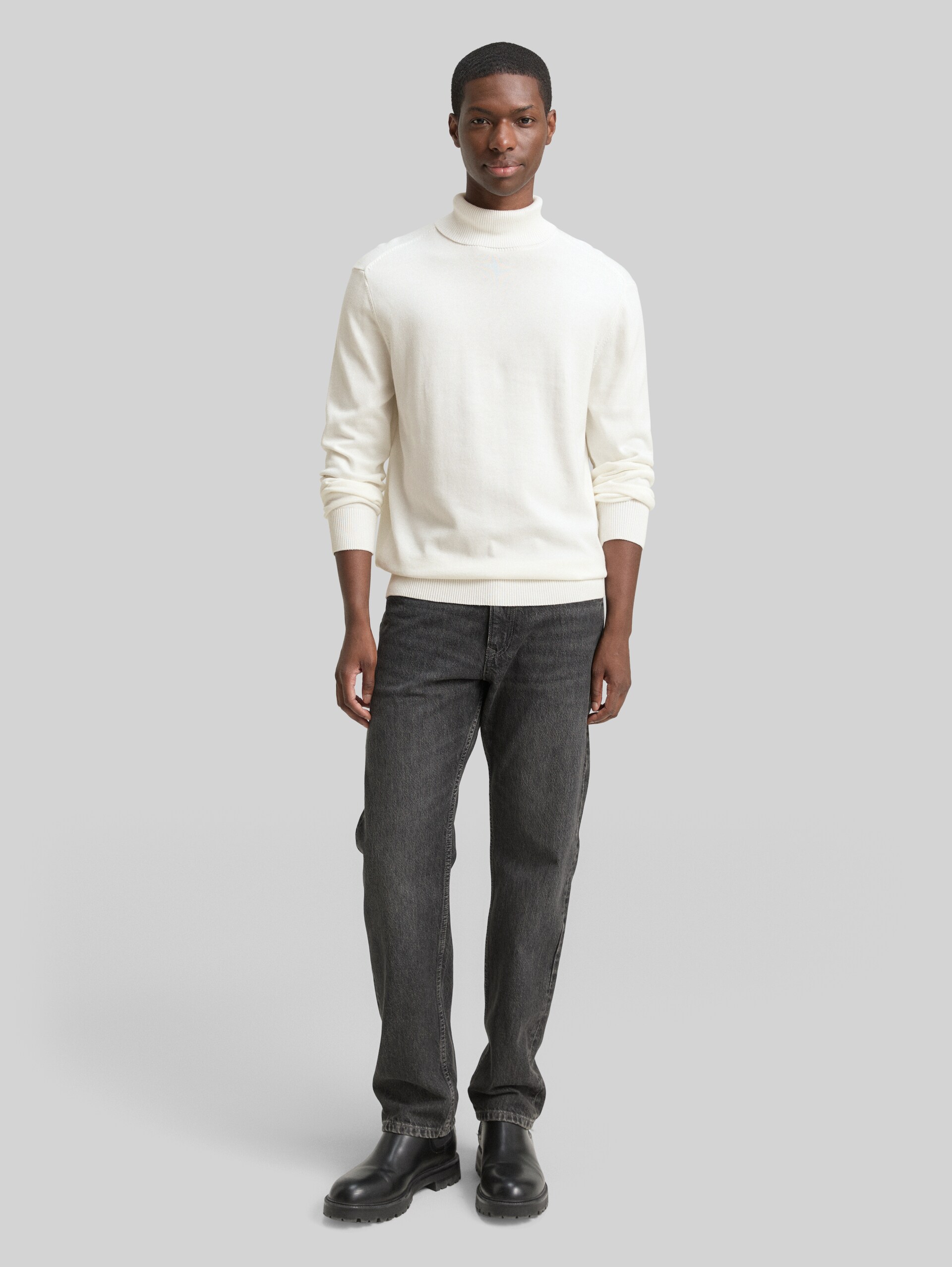 Cotton turtleneck jumper - Wool White - Model front view