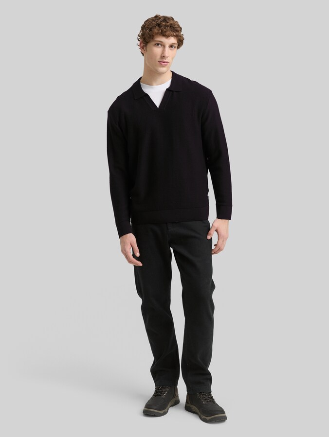Relaxed fit knitted polo shirt by Denim Male, Black