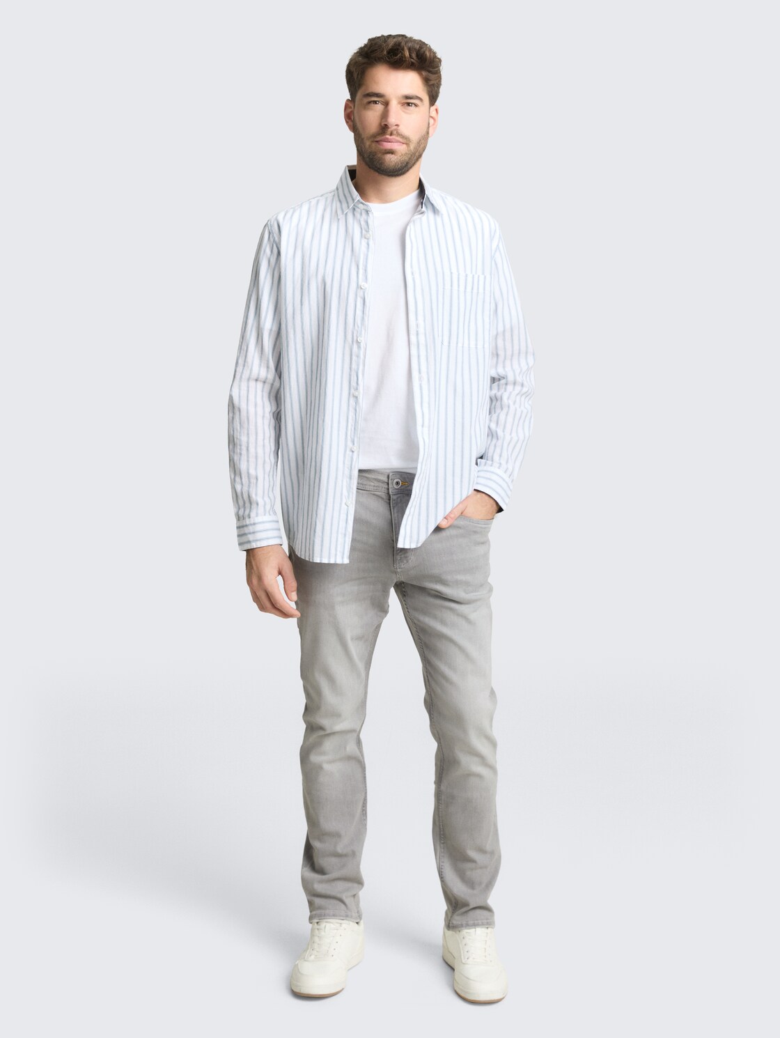 TTJOSH REGULAR SLIM Jeans mit Stretch - used light stone grey denim - Model-Vorderansicht