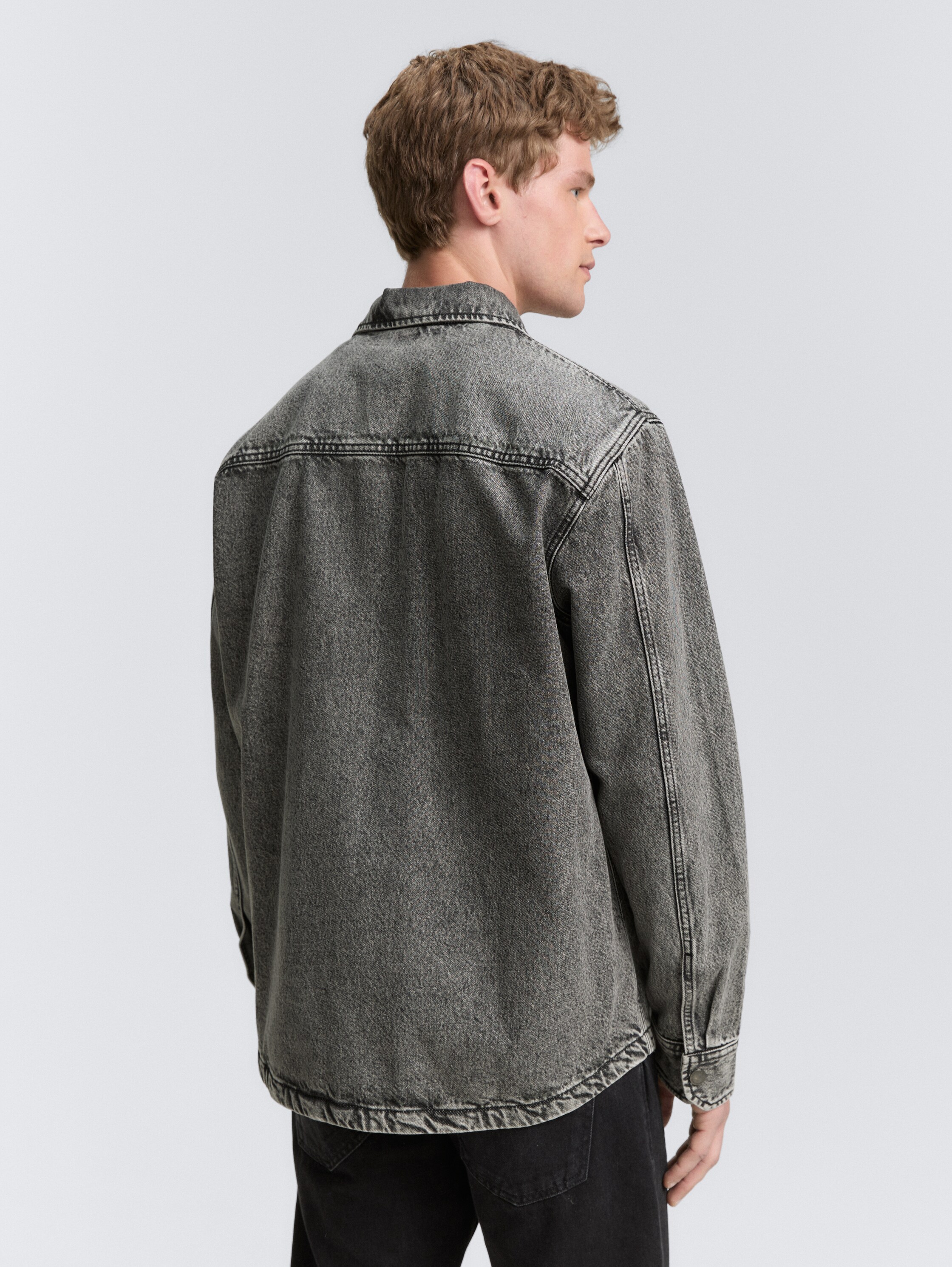 Overshirt denim shirt with breast pocket - used_mid_stone_grey_denim - 