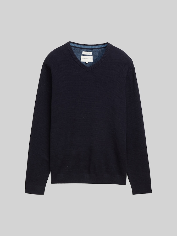 Knitted jumper with V-neck made from organic cotton by Men, Knitted Navy Melange