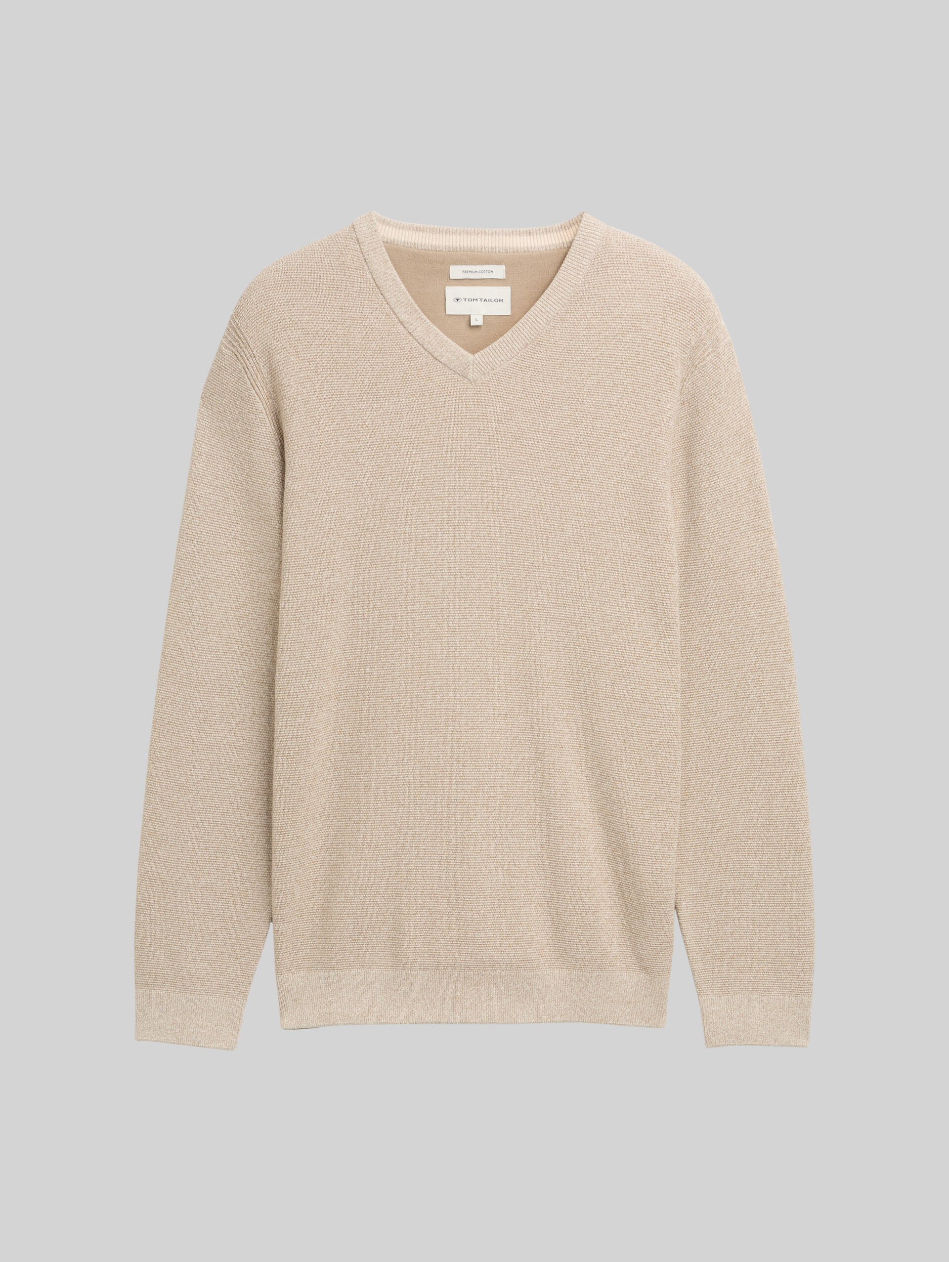Knitted jumper with V-neck made from organic cotton - beige offwhite twotone
